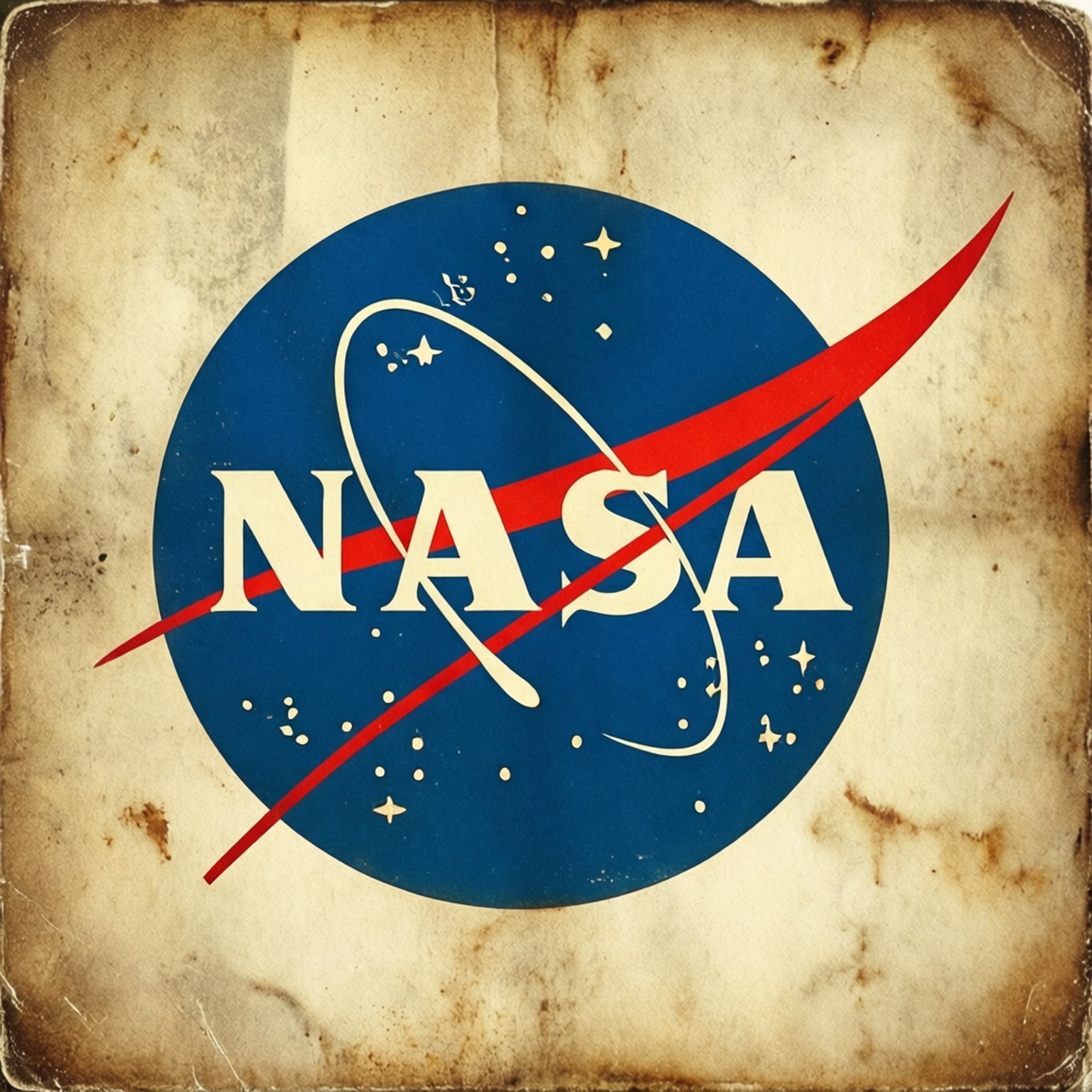 NASA標誌在舊紙上，帶有星星和紅色彎勾