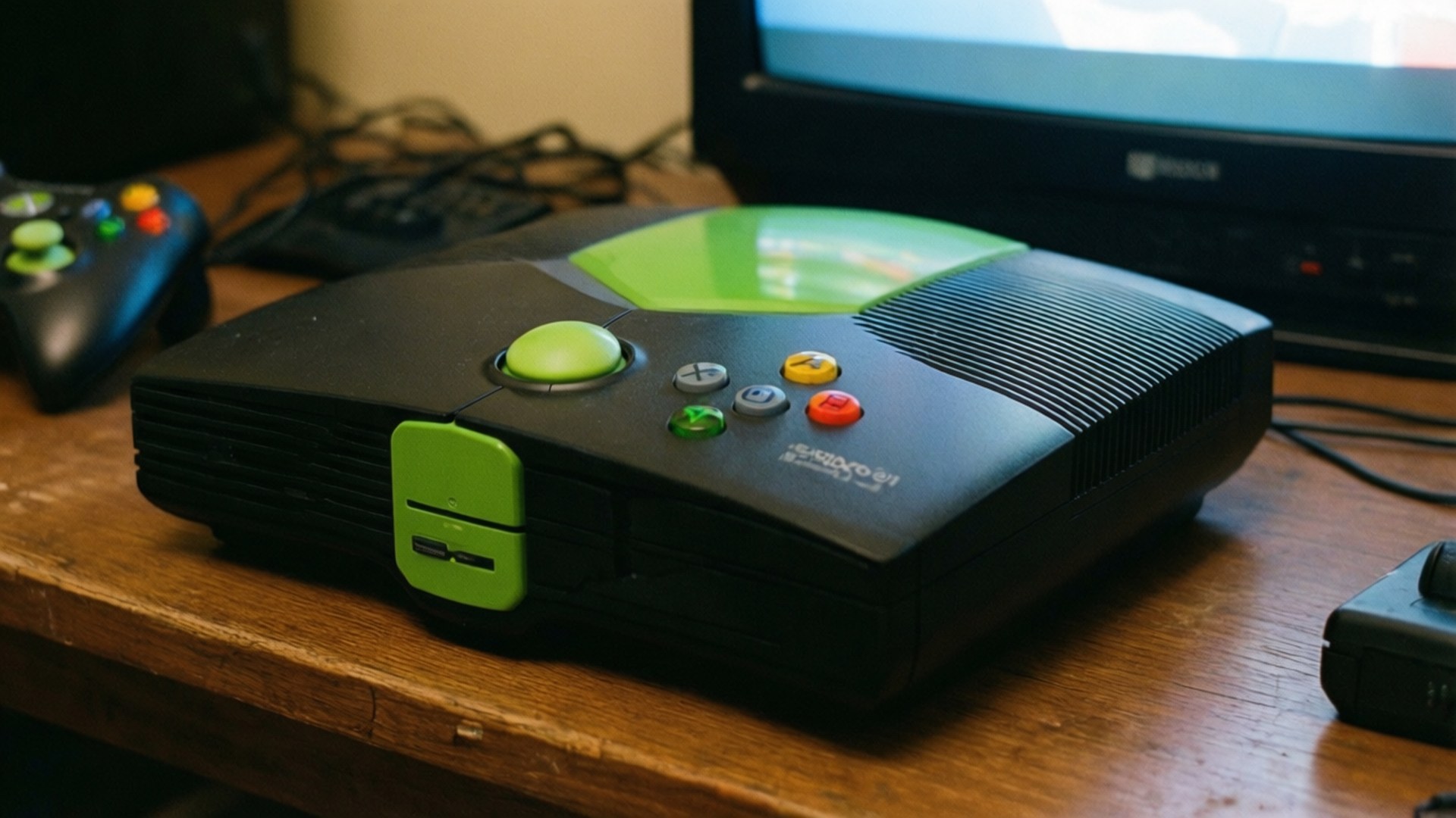 木桌上帶有綠色按鈕的黑色Xbox主機和遊戲控制器