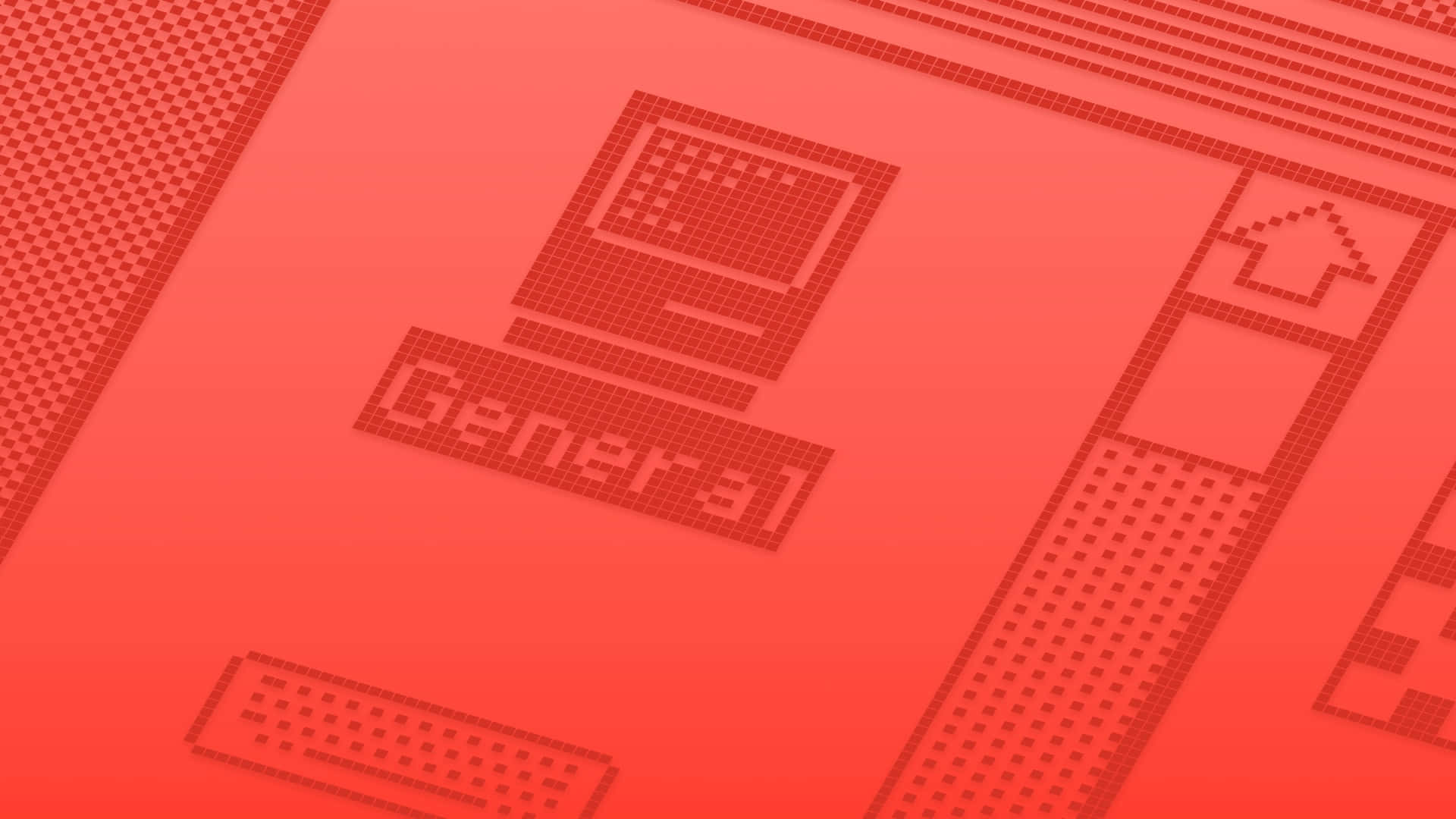  壁紙 — 一個復古像素化電腦介面，帶有「General」文字和以漸層紅色調渲染的圖示。