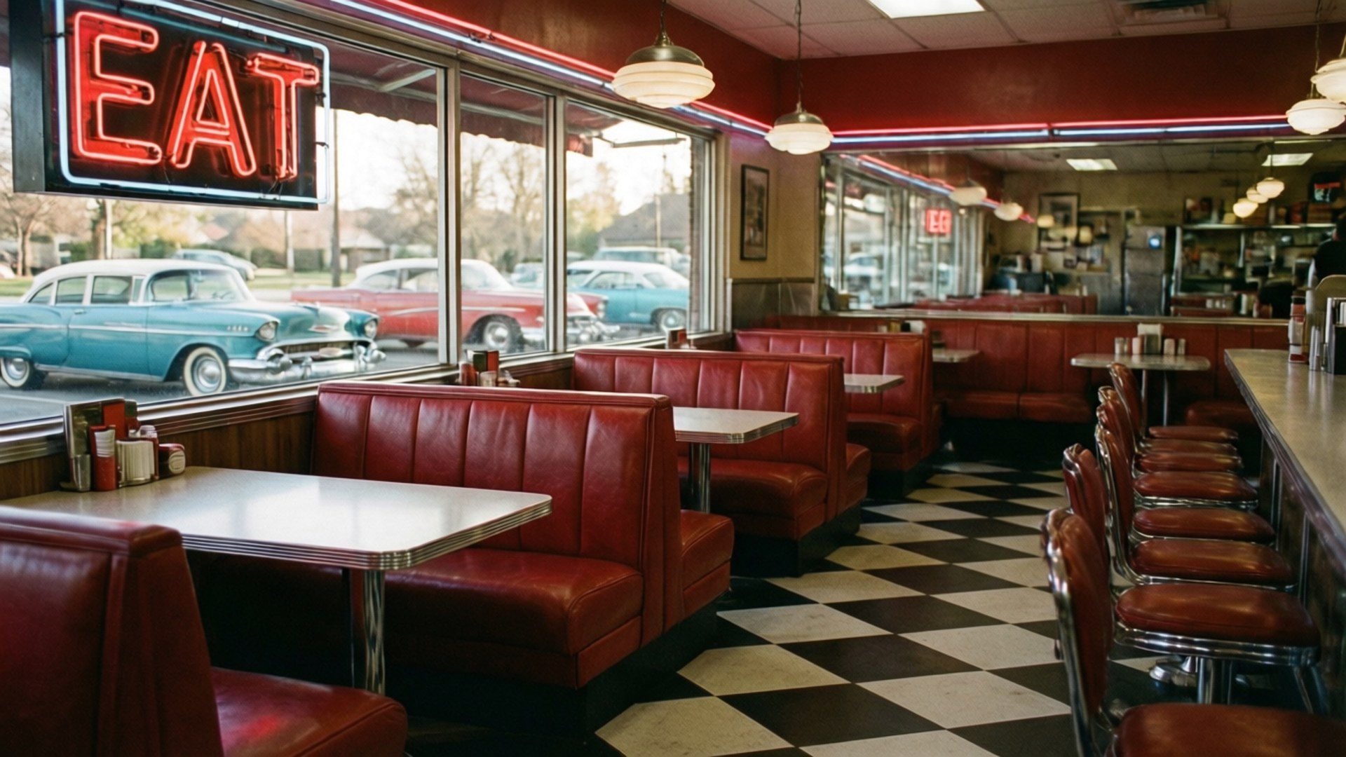 Retro Diner Scene 壁紙 — 一間復古餐廳，設有紅色乙烯基卡座和棋盤格地板，可俯瞰外面停泊在霓虹燈 'EAT' 招牌下的經典汽車。