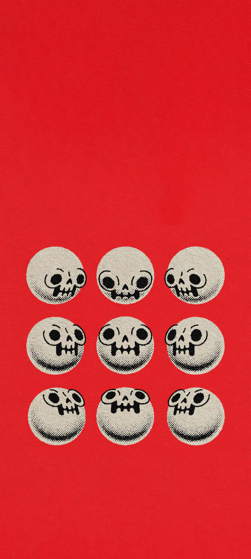 Retro Skull Grid Wallpaper – Red Minimal Halftone Design 壁紙 — 九個米色圓圈中的半色調骷髏頭以網格排列在鮮紅色背景上。