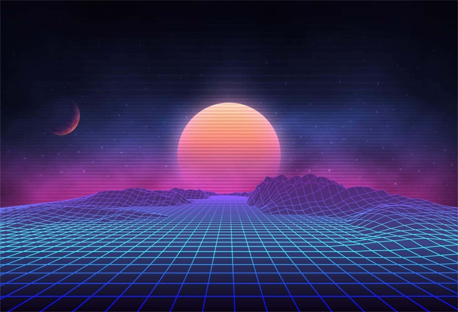  壁紙 — 一個復古未來主義的景觀，在星空下，紫色山脈上方有一顆發光的橙色太陽，地面是網格狀的。