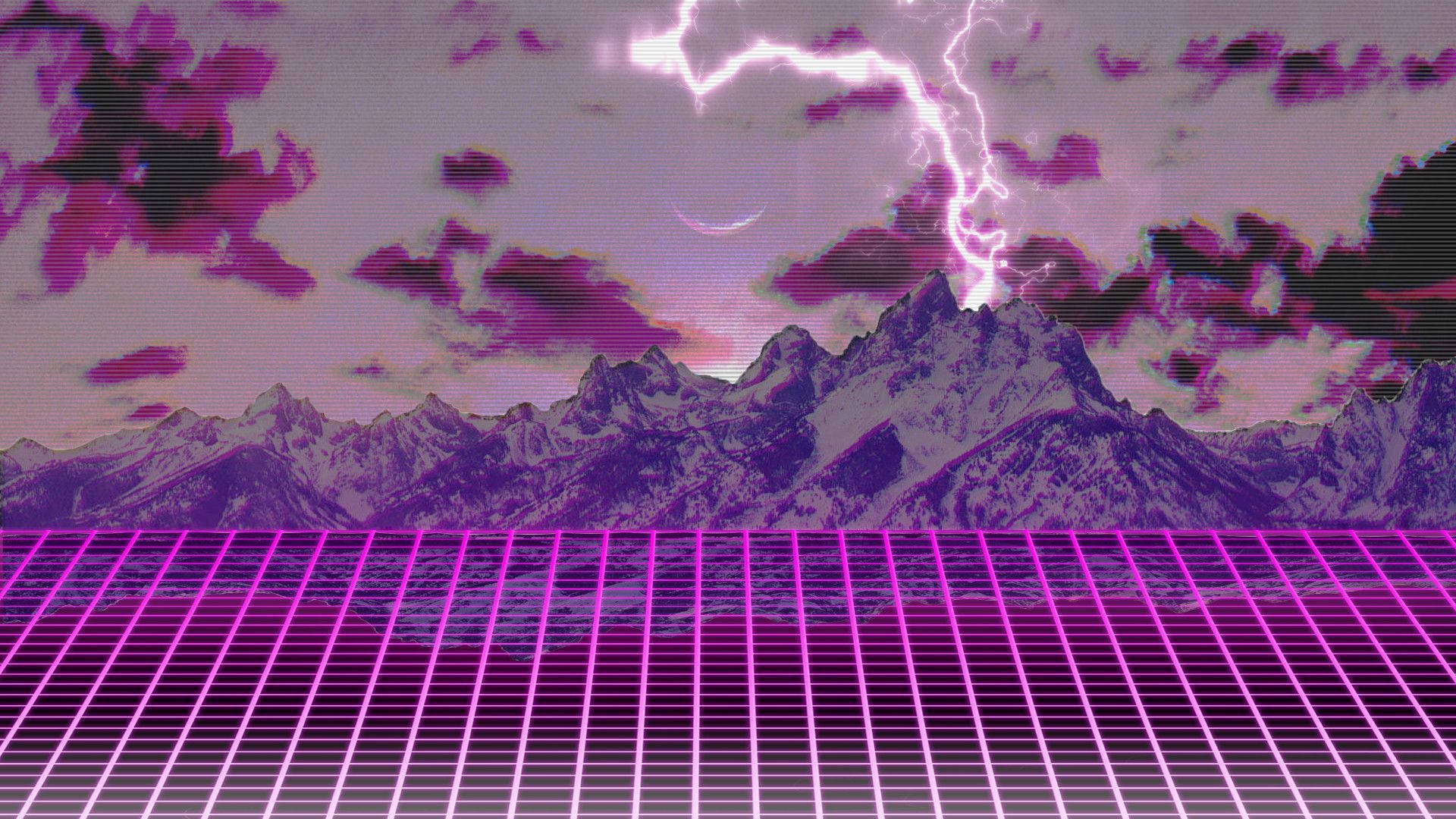 粉紅合成波山巒雷暴 壁紙 — 在紫色天空下，帶有閃電和霓虹網格前景的復古未來主義山景。