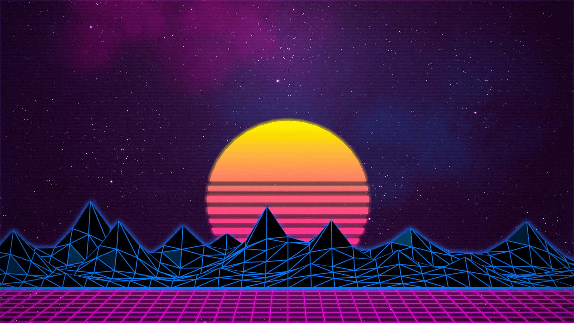 Vintage Space Aesthetic 桌布 壁紙 — 一個復古未來主義的日落，帶有條紋橙色太陽，位於霓虹藍色幾何山脈之上，在星空下有一個發光的紫色網格。