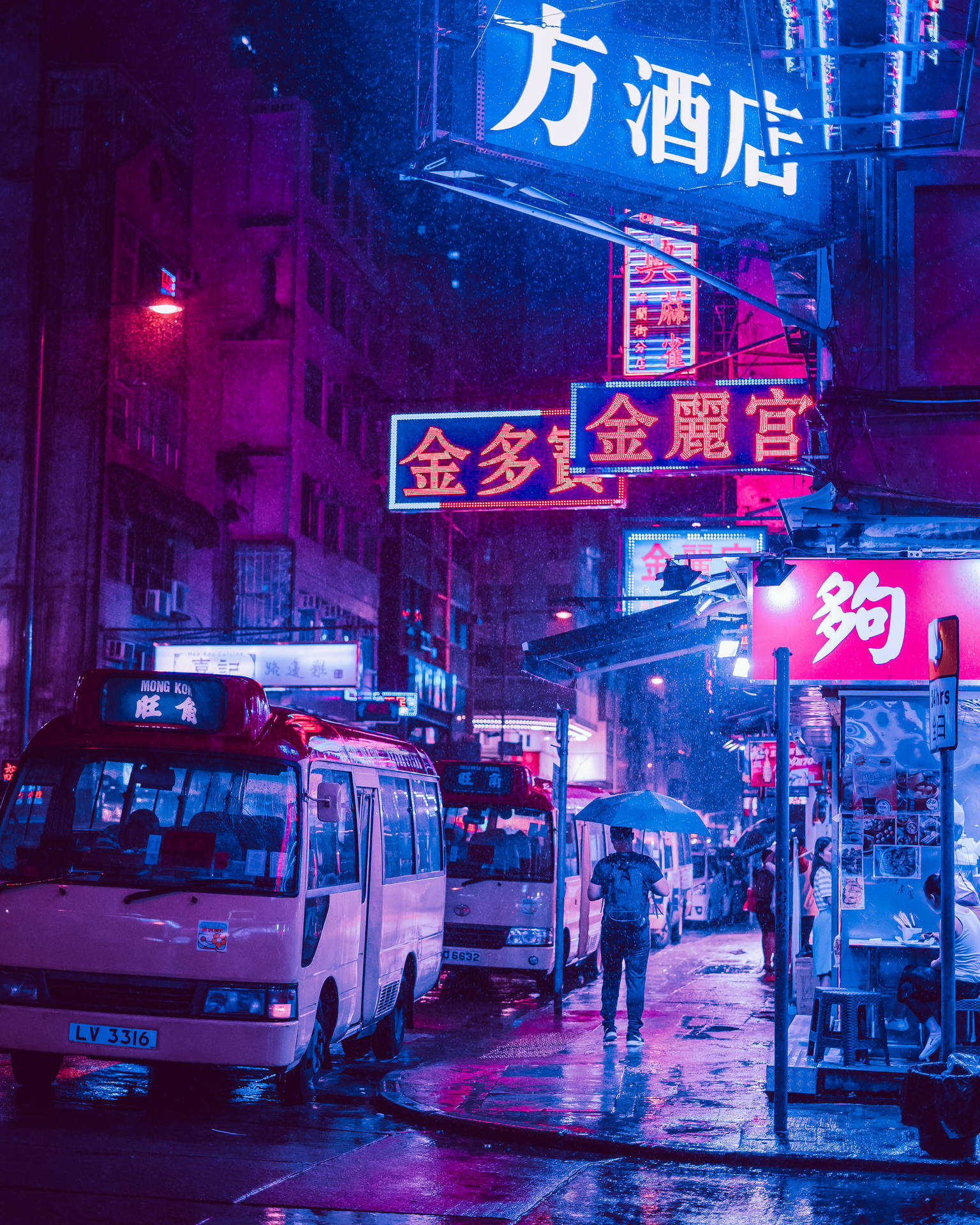 以Retrowave色彩照明的霓虹招牌城市街道壁紙