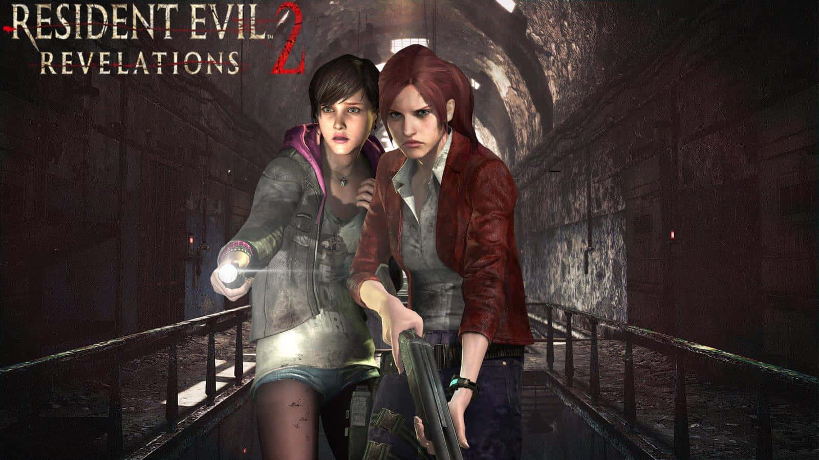 克萊兒·雷德菲爾德與莫伊拉·伯頓在《生化危機：Revelations 2》中對抗變異生物 壁紙 — 兩名女子在黑暗陰森的隧道中手持武器和手電筒，小心翼翼地穿過骯髒的工業走廊。