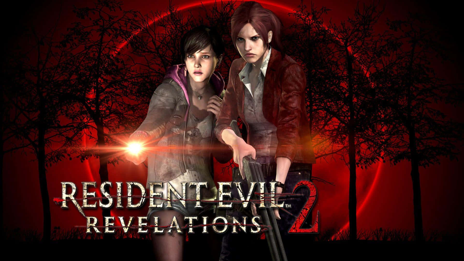 在《生化危機：Revelations 2》中體驗真正的生存恐怖 壁紙 — 兩個堅定的倖存者站在血紅色的森林中，手持武器，在發光的紅月下。