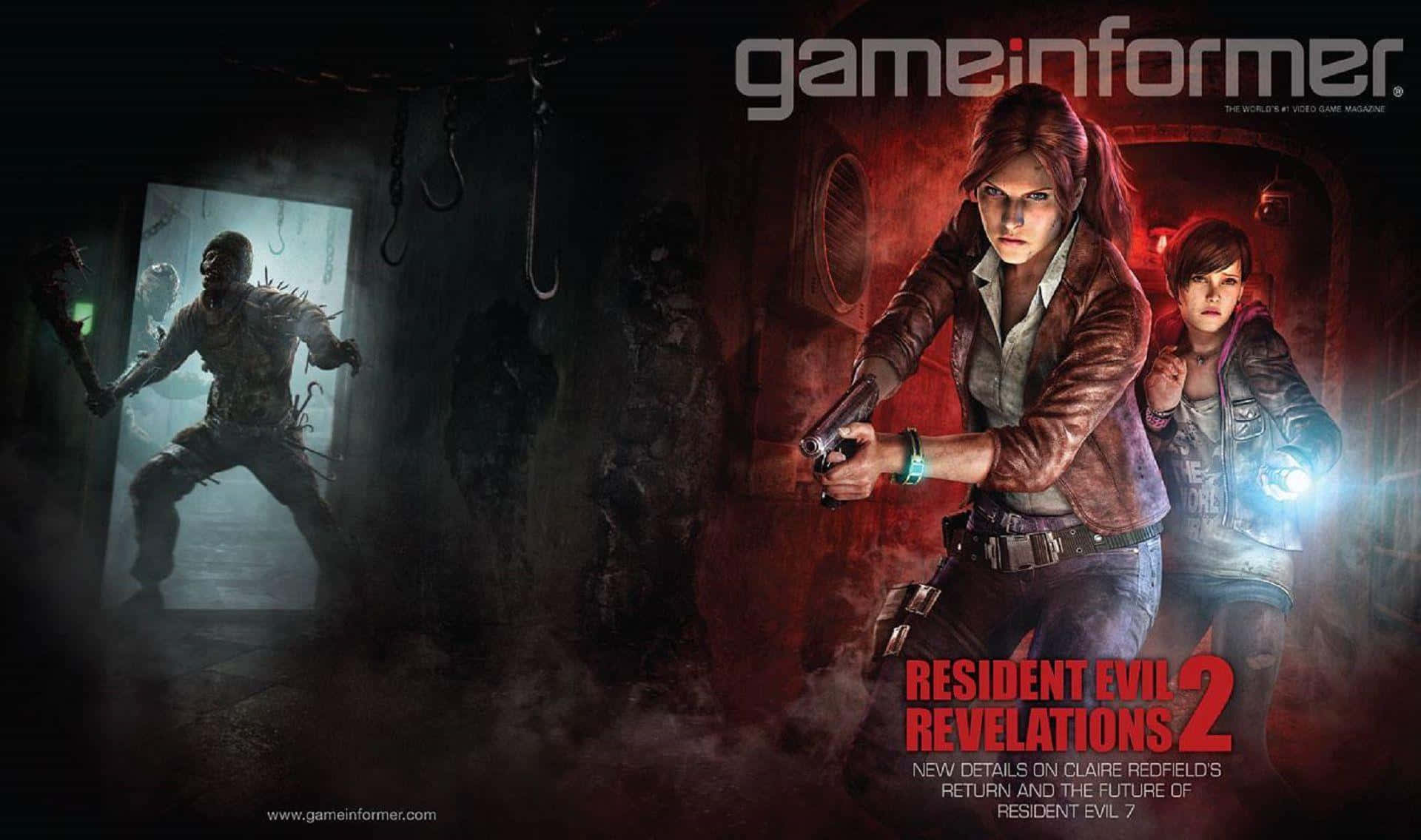 與克萊兒·雷德菲爾德與莫伊拉·伯頓一同踏上《生化危機：Revelations 2》的冒險之旅 壁紙 — 克萊爾·雷德菲爾德和一名同伴在陰暗、血跡斑斑的工業房間裡準備好槍械，而怪異的喪屍潛伏在陰影中。