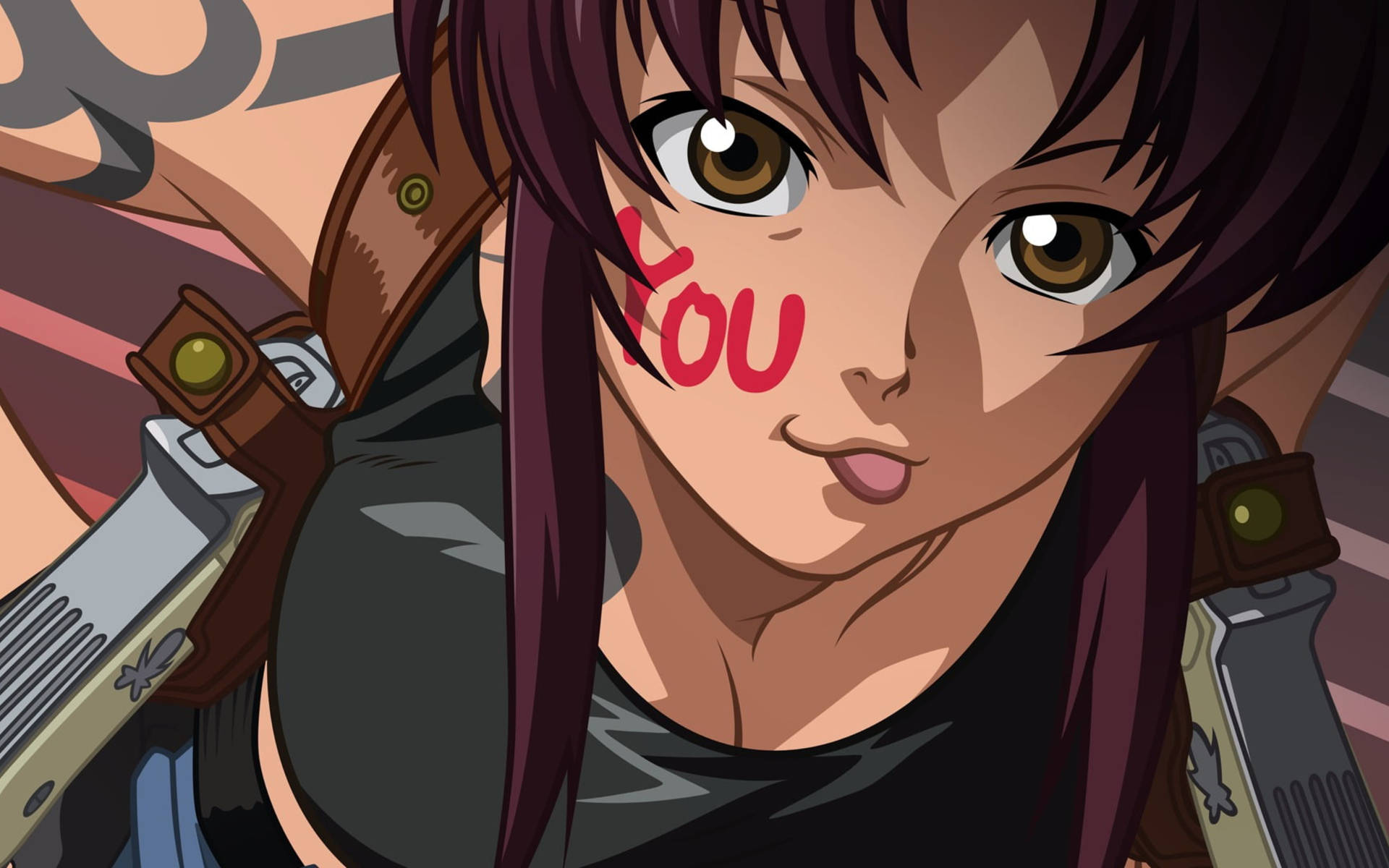 紫髮、臉頰上有紅色「You」紋身的動漫女孩拿著兩把手槍眨眼。