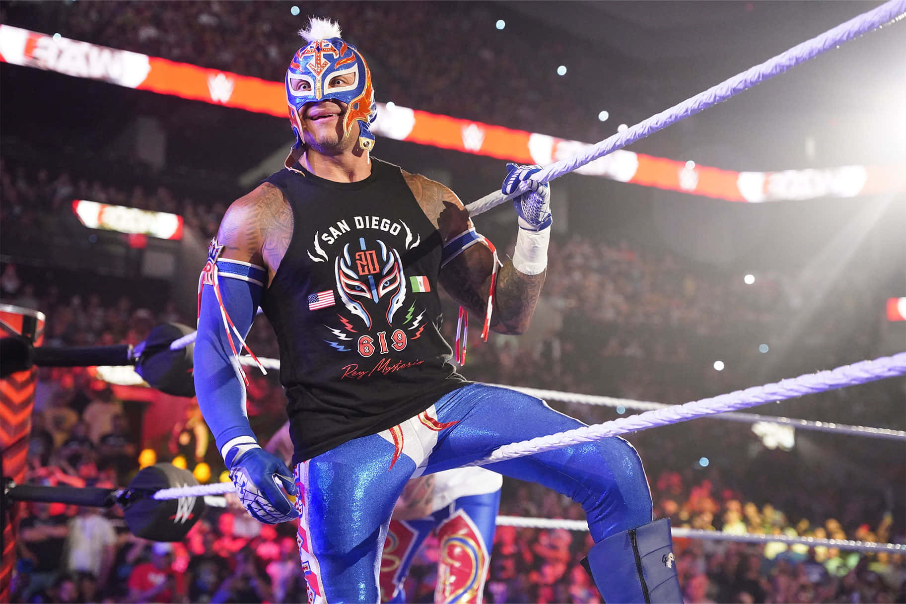 Rey Mysterio WWE 登場 壁紙 — 一名戴著面具的藍橙色裝備 lucha libre 摔角手靠在燈光明亮的摔角場的繩索上，身後有歡呼的人群。