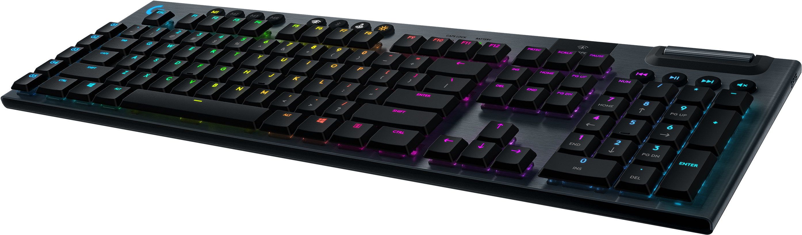 機械鍵盤 RGB 燈光 壁紙 — 一個時尚的黑色遊戲鍵盤，帶有鮮豔的彩虹背光，在純黑色背景上發光。