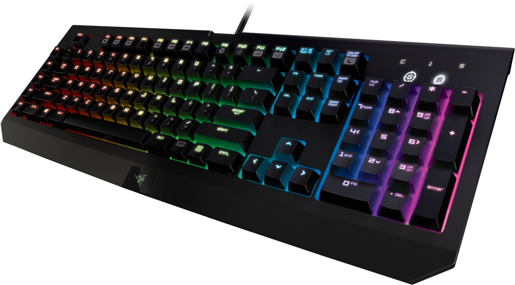 RGB 機械遊戲鍵盤 壁紙 — 一個時尚的黑色遊戲鍵盤，帶有鮮豔的彩虹背光，在黑暗背景下發光。