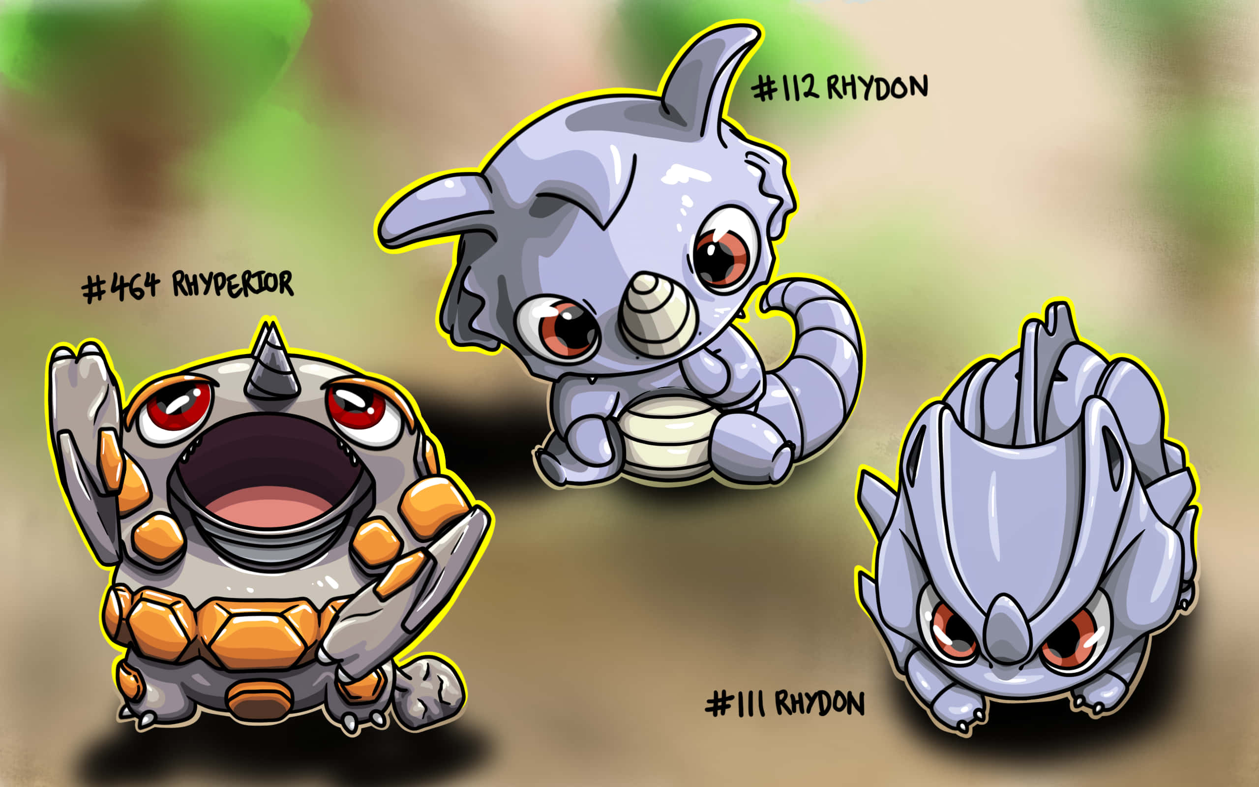 Rhyperior 的 Q 版進化 壁紙 — 三隻Q版風格的寶可夢Rhyperior、Rhydon和Rhydon，以誇張的表情和粗線條描繪，背景柔和模糊。