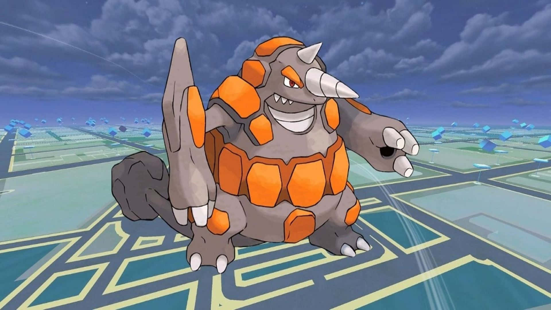 Rhyperior 站在廣場上 壁紙 — 一隻橙色和灰色、有角和尖牙的大型寶可夢，在陰天下的幾何網格上勝利地站立。