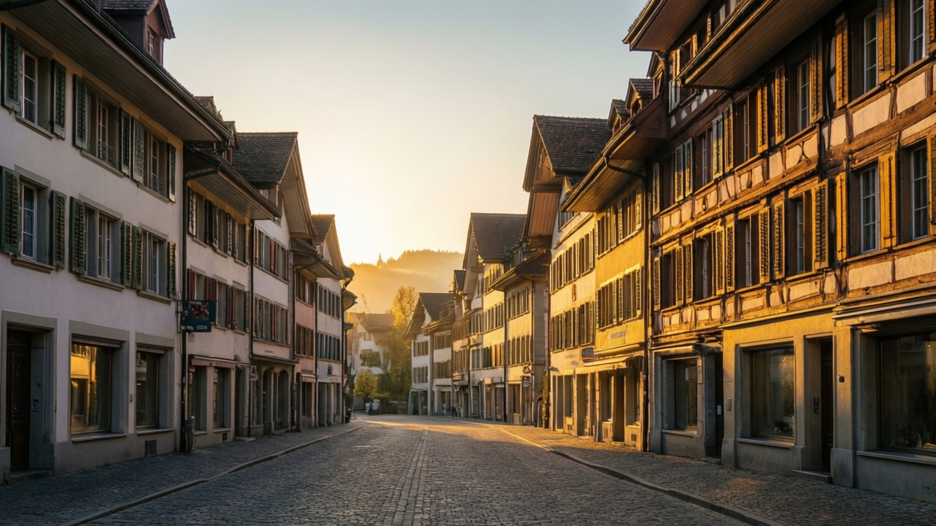 dietikon 桌布 壁紙 — 日出時分，陽光灑在一條寧靜的鵝卵石街道上，兩旁是傳統的半木結構房屋。