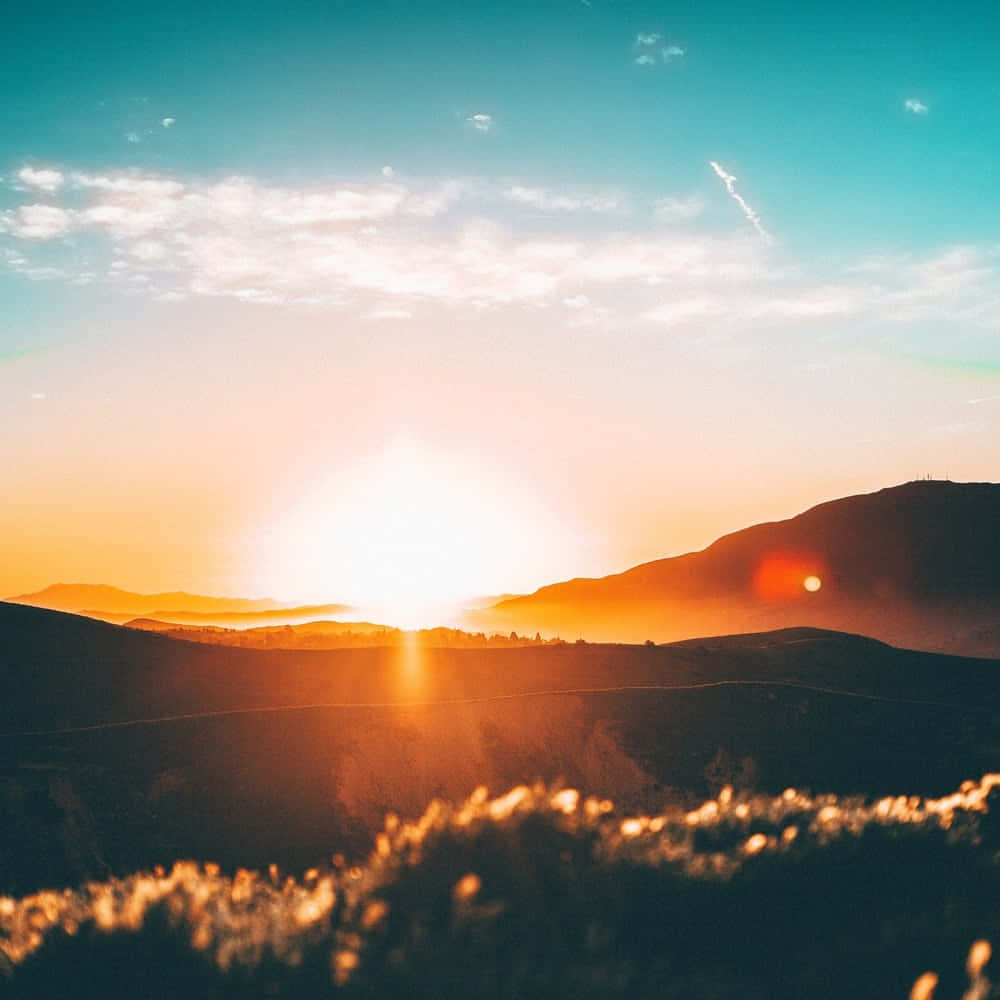 Sunset Photography 桌布 壁紙 — 日出以金色光芒沐浴連綿起伏的山丘，伴隨著柔和的雲朵和發光的前景草叢。