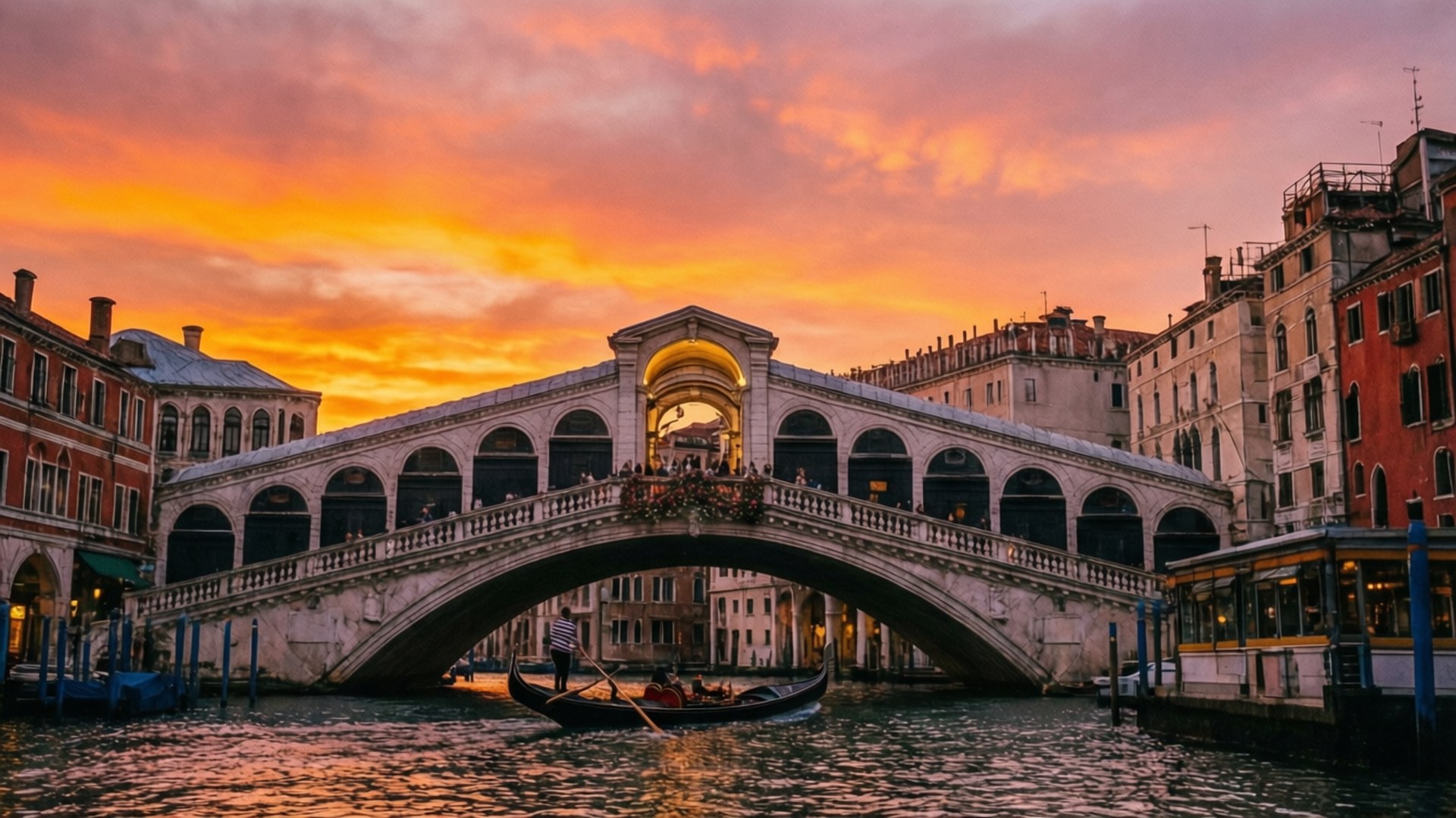 Sunset Glow on Rialto 壁紙 — 威尼斯標誌性的里亞爾托橋在熾熱的夕陽下閃耀，一艘貢多拉在其拱門下滑行。