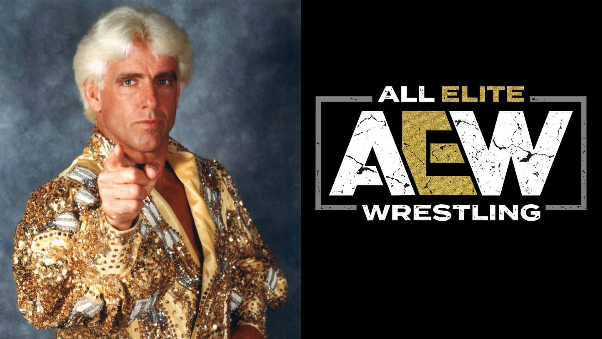 身穿金色亮片外套的摔角手在AEW Wrestling標誌旁邊指向觀眾。