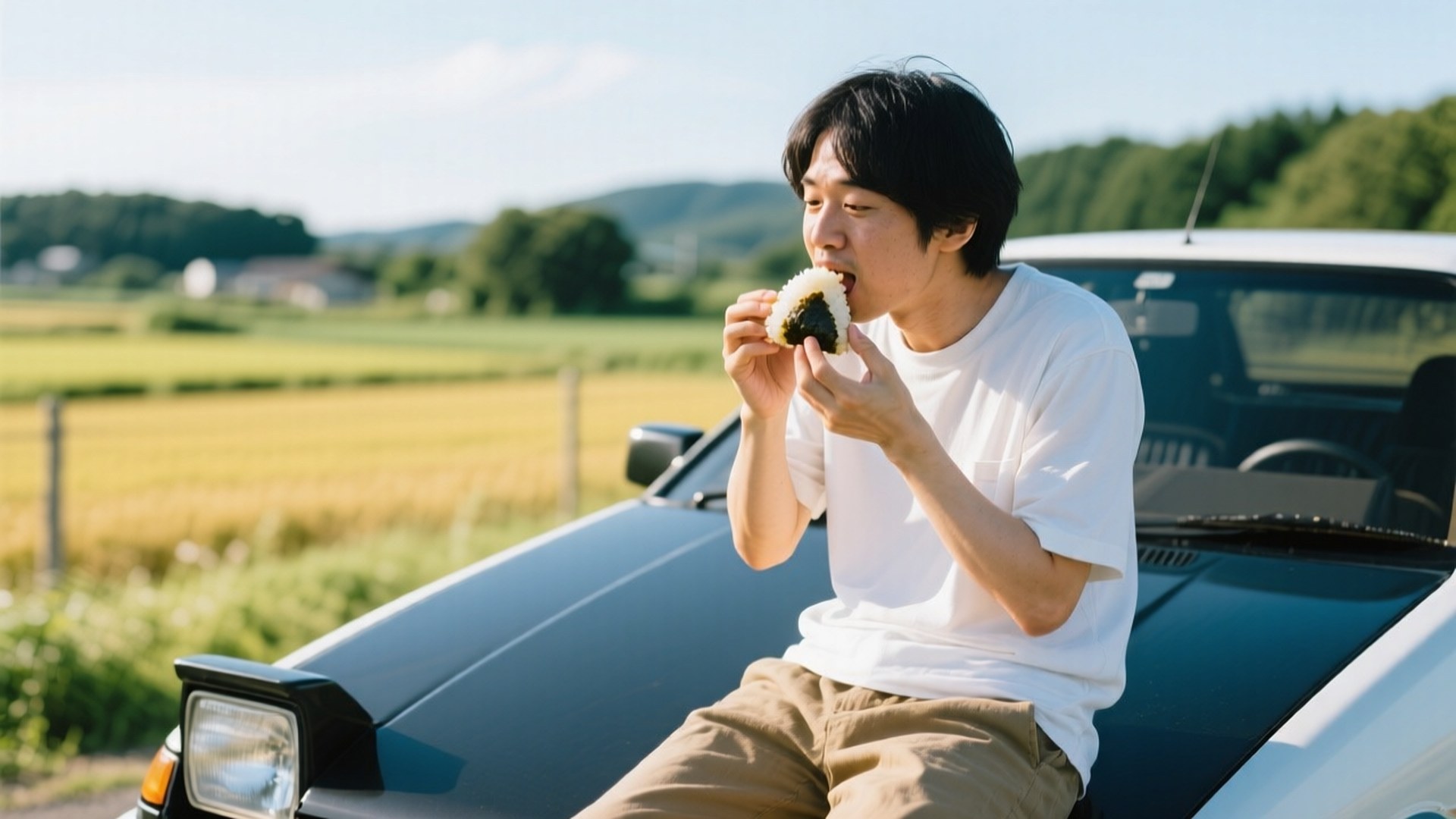 年輕男子在鄉間田野坐在汽車引擎蓋上吃飯糰