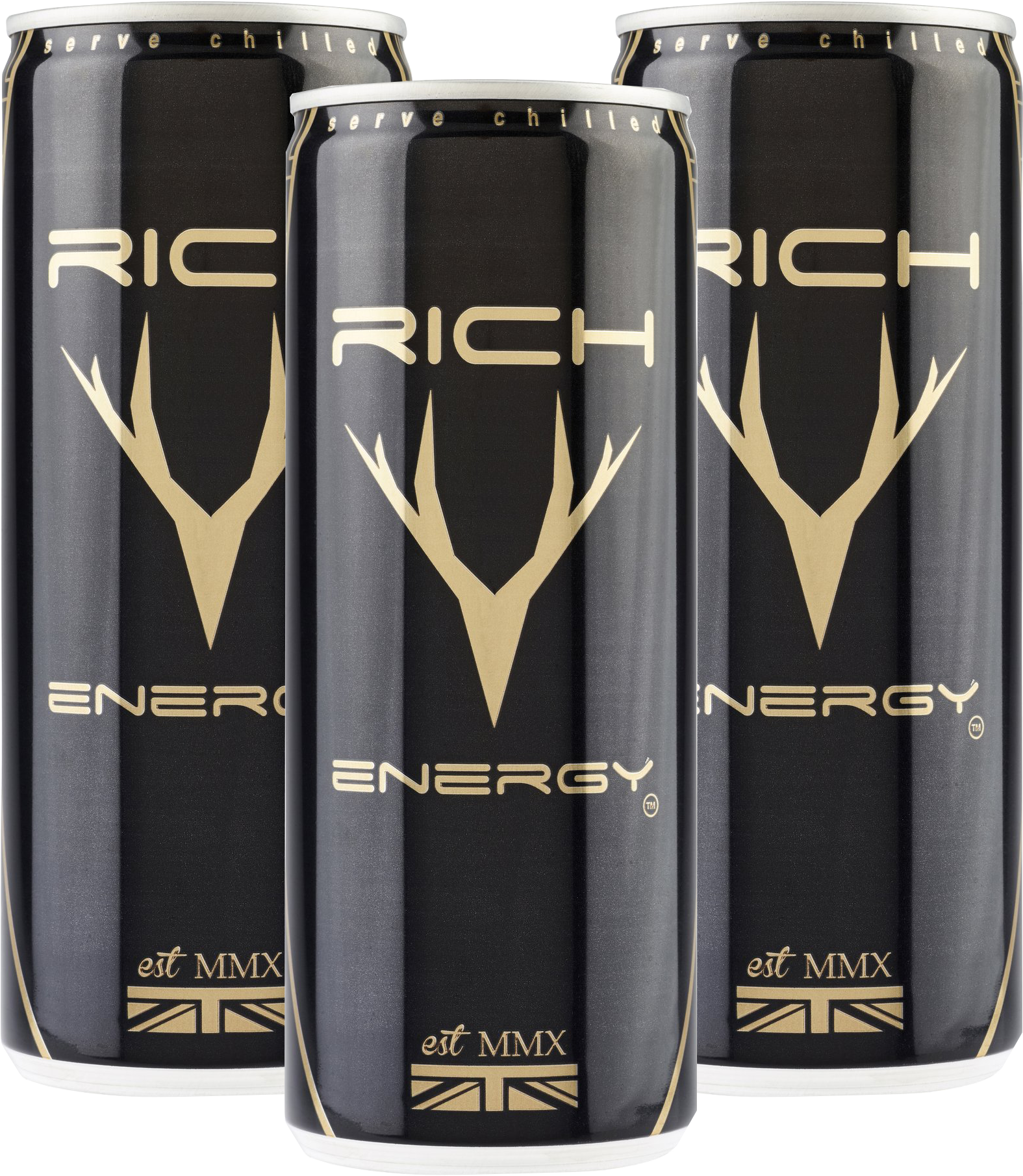 Rich能量飲料罐 壁紙 — 三個時尚的黑色能量飲料罐，帶有金色鹿角標誌和英國國旗點綴，緊密地排列在一起。