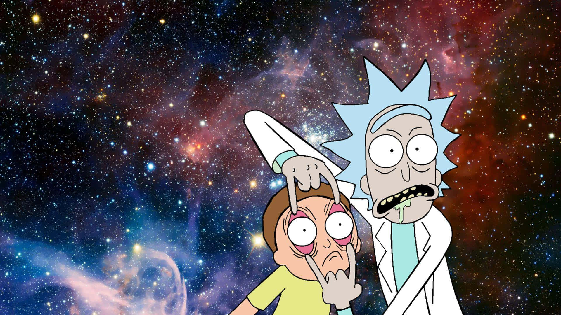 Rick and Morty 1920x1080 壁紙 — 瑞克和莫蒂站在一個充滿活力的宇宙星雲中，星星和彩色氣雲在他們身後旋轉。