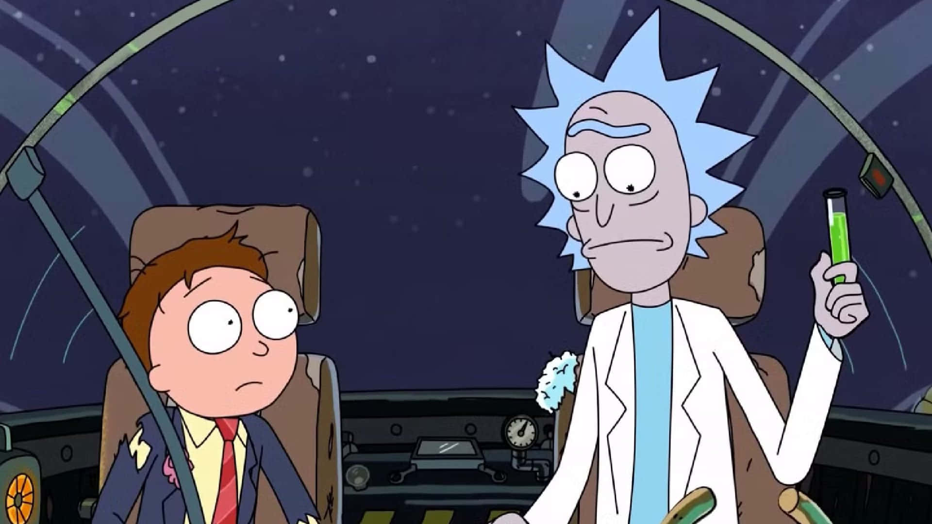 加入瑞克與莫蒂的宇宙冒險！ 壁紙 — 瑞克和莫蒂坐在太空船駕駛艙內，外面可見星星，瑞克手持發光綠色試管。