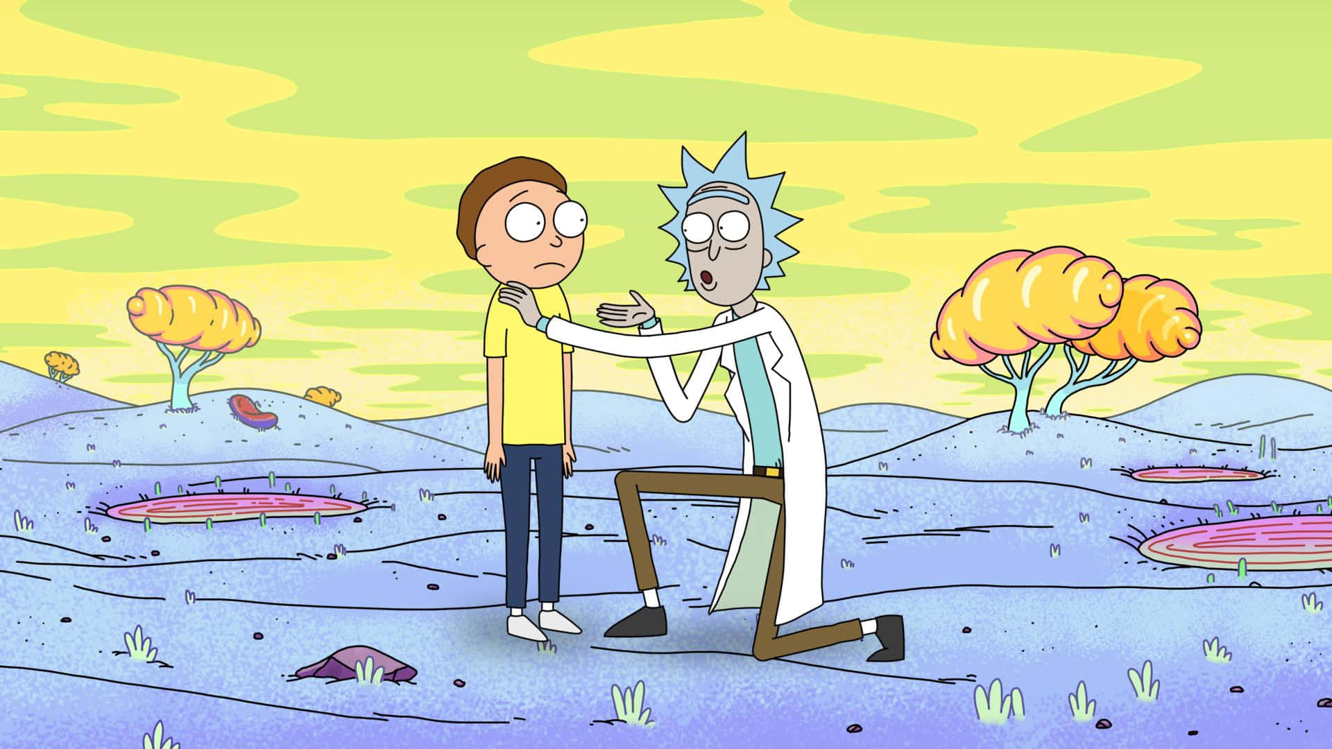 《瑞克和莫蒂》1920x1080異世界壁紙 壁紙 — Rick Sanchez 在黃色天空下，在一個有著發光樹木和粉紅色水池的超現實外星景觀中跪在 Morty Smith 面前。