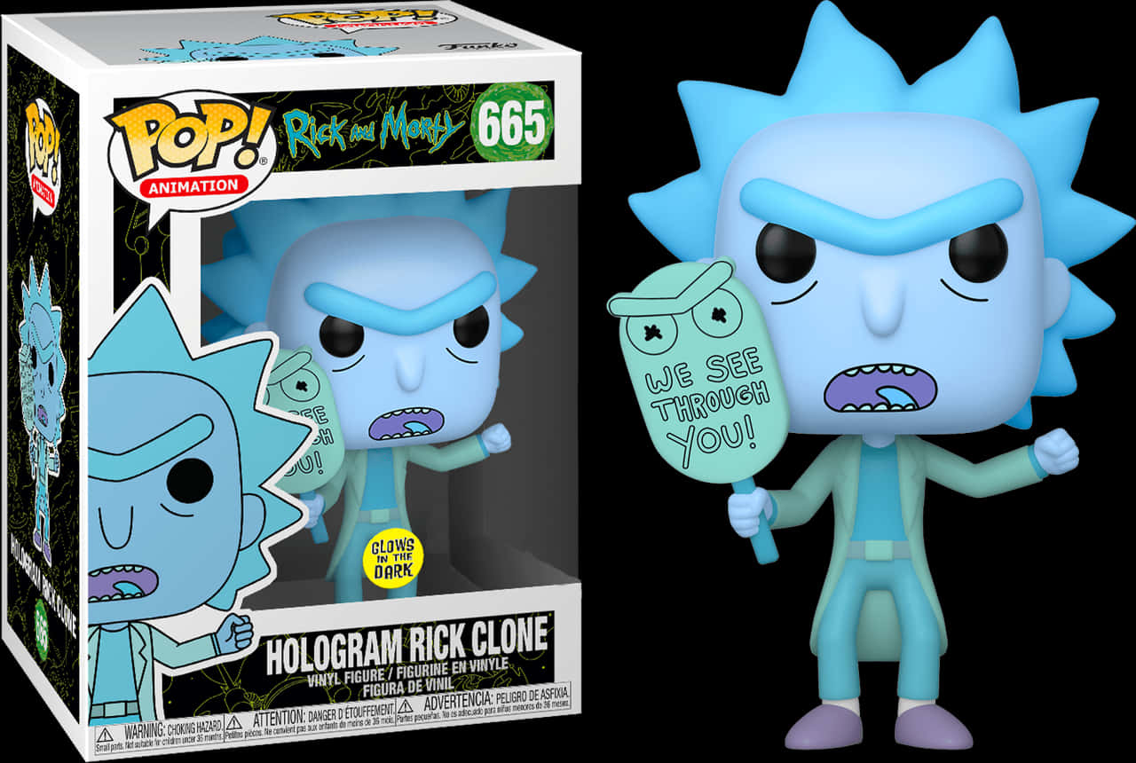 Rick and Morty 光學幻影瑞克 Funko Pop 壁紙 — 一個來自《瑞克和莫蒂》的瑞克 Funko Pop! 軟膠公仔，手持寫有「We See Through You!」的標牌，旁邊是其收藏盒。