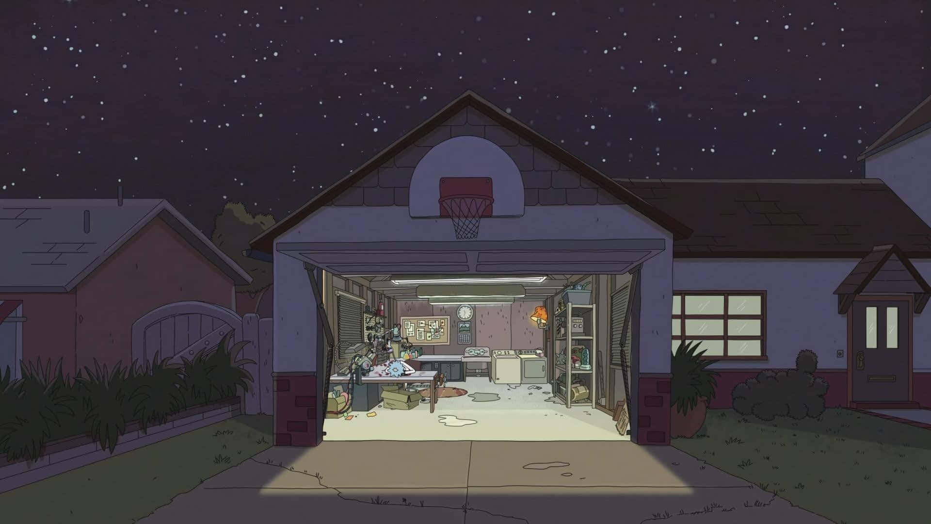 色彩繽紛的 Rick and Morty 粉絲藝術 壁紙 — 夜晚的卡通屋，車庫敞開，露出雜亂的內部，星空下。