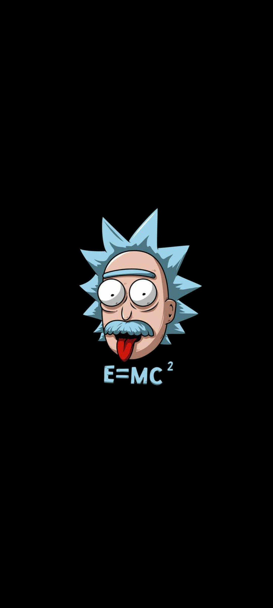 Rick And Morty 型爆愛因斯坦海報 壁紙 — Rick and Morty 嘅 Rick Sanchez 喺黑色背景上伸出舌頭，下面有 E=MC²。