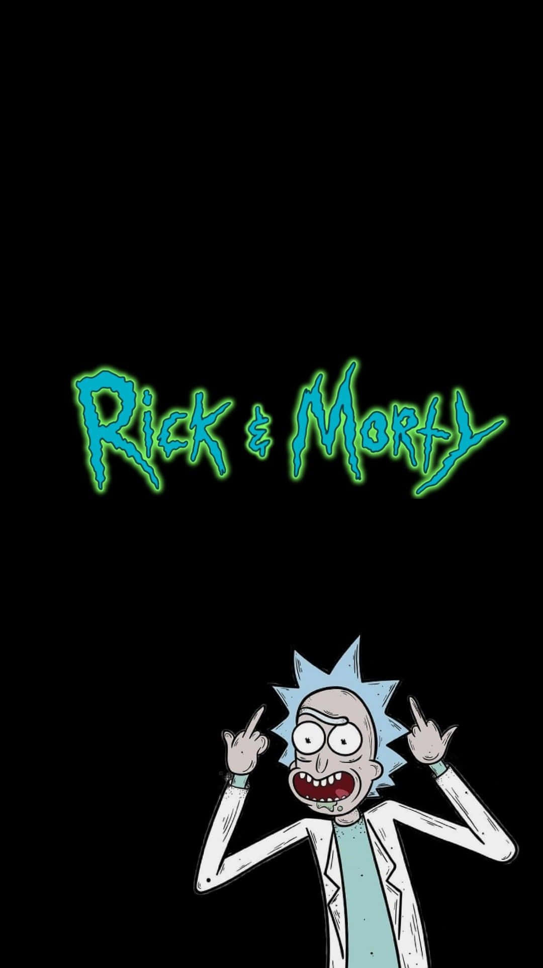 Total Rickall 桌布 壁紙 — 《Rick and Morty》中的Rick Sanchez在黑色背景上咧嘴大笑，雙手高舉做出搖滾手勢，上方有發光的綠色標題文字。