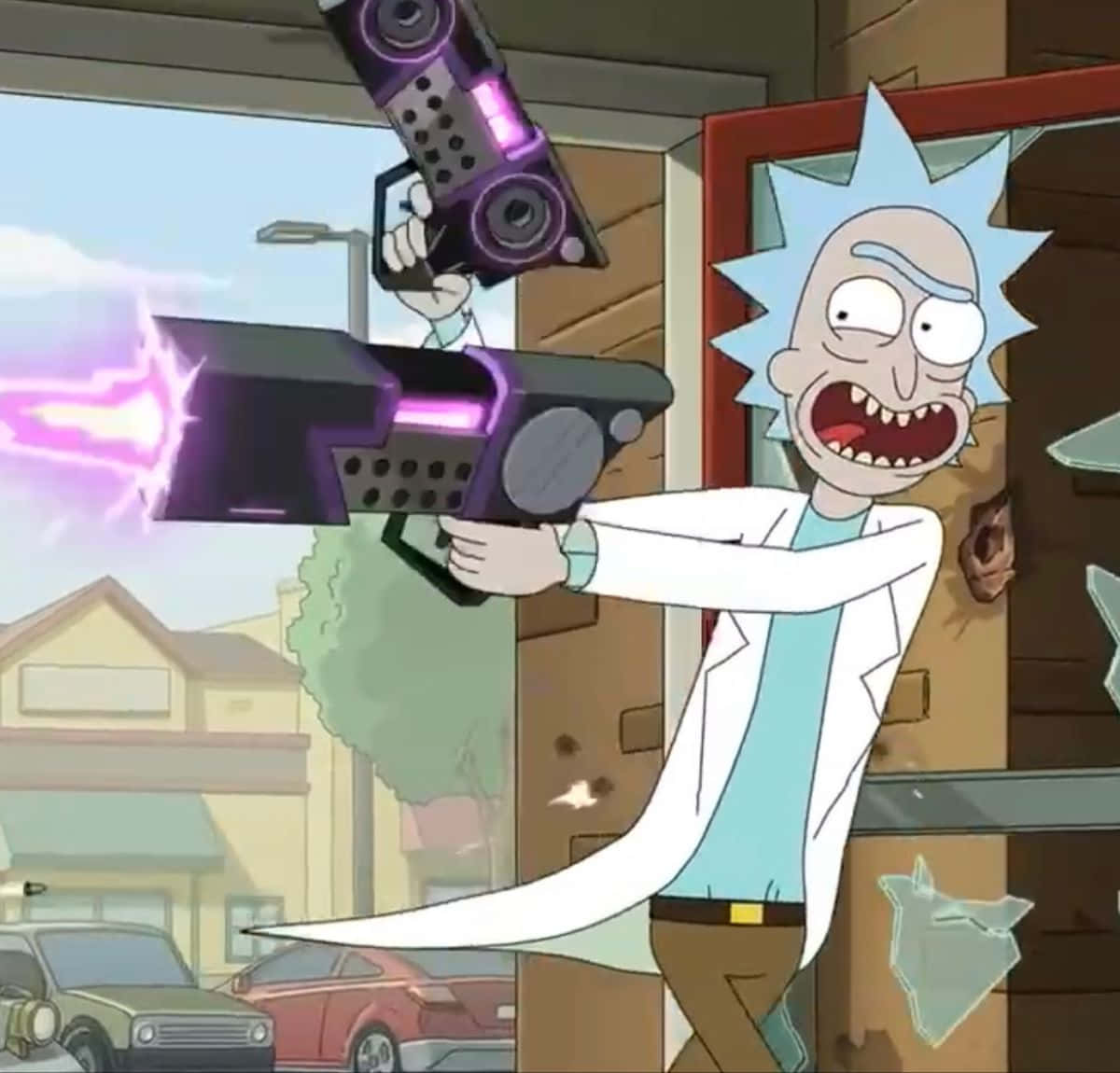 Total Rickall 桌布 壁紙 — 《Rick and Morty》中的瑞克·桑切斯在郊區環境中帶著狂野表情發射紫色激光武器。