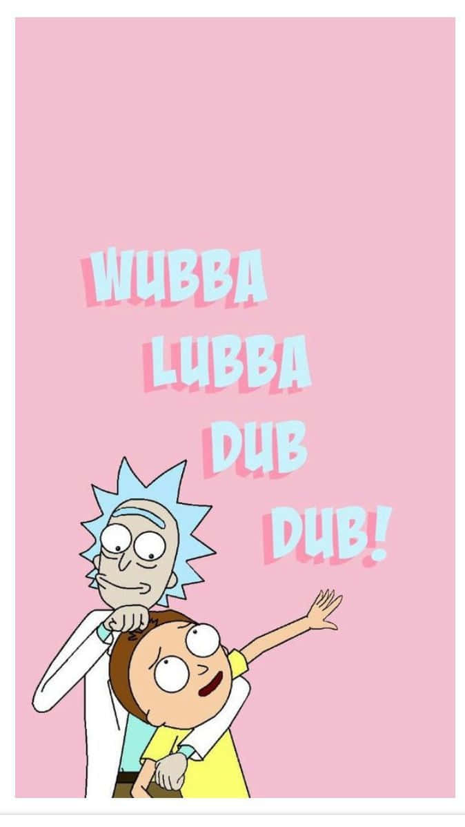 Wubba Lubba Dub Dub 桌布 壁紙 — Rick and Morty 卡通角色在純粉紅色背景上，帶有風格化文字 'WUBBA LUBBA DUB DUB!'。