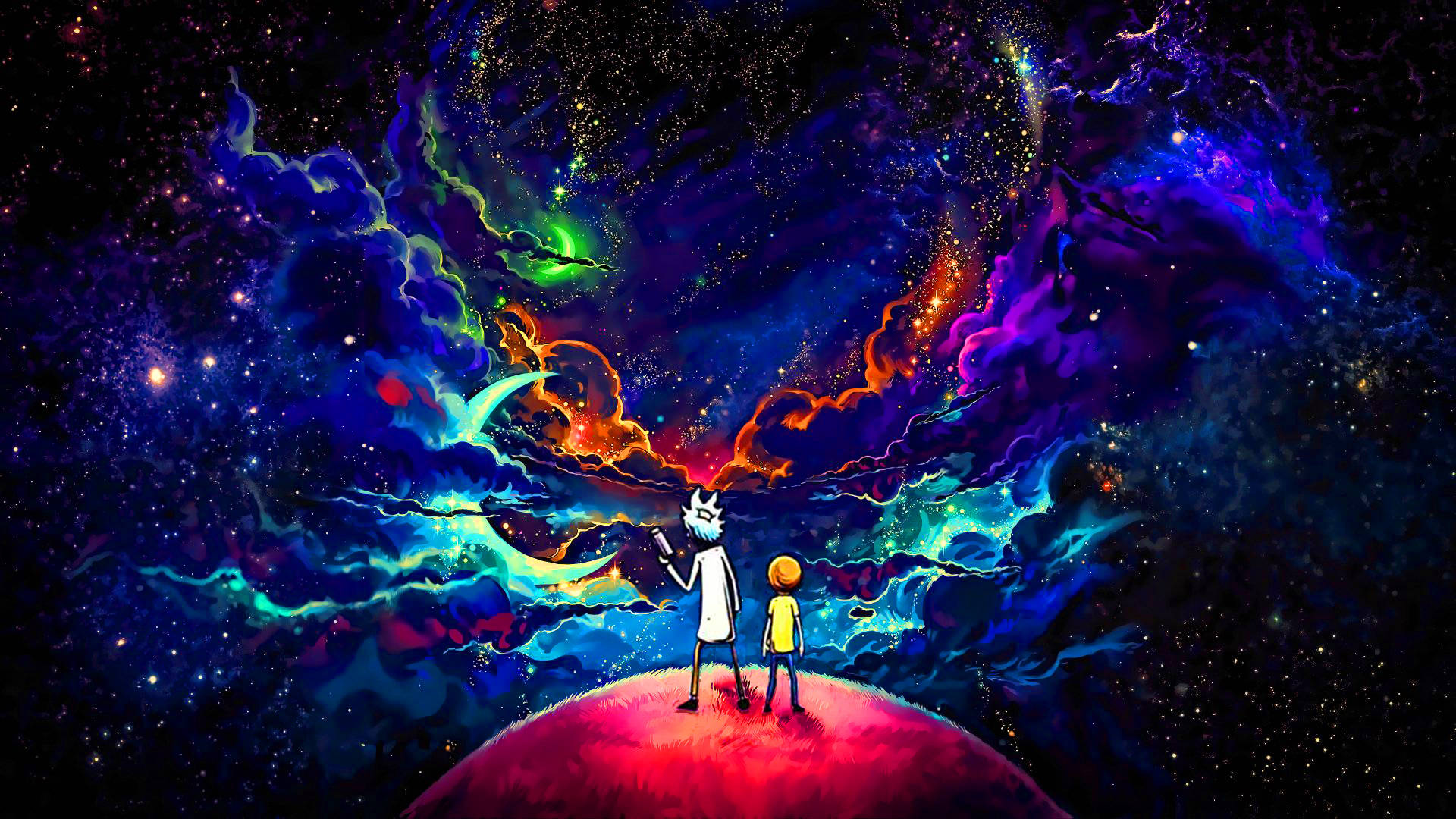 瑞克和莫蒂站在紅色星球上，看著色彩繽紛的宇宙星雲。 — 瑞克和莫蒂 壁紙