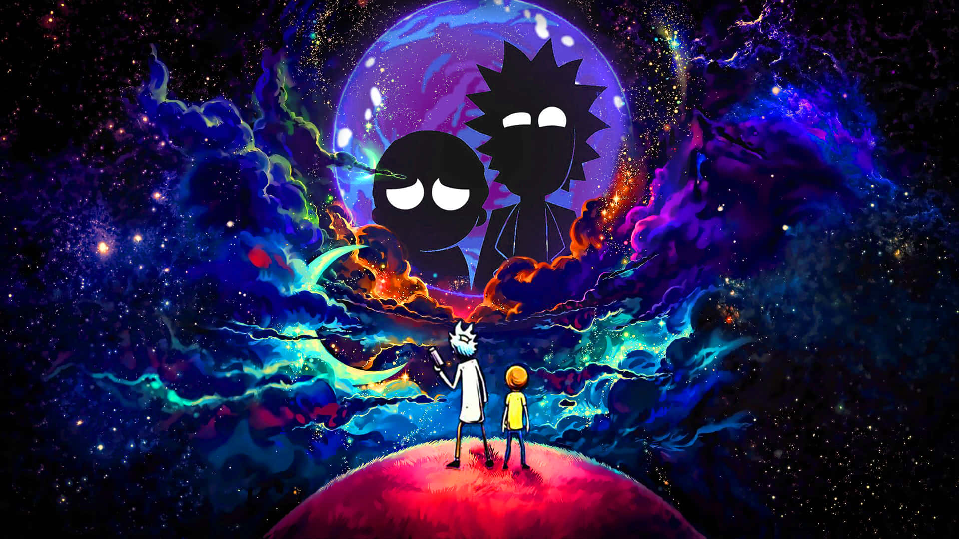 瑞克和莫蒂角色站在星球上，看著帶有瑞克和莫蒂剪影的宇宙星雲。 — 瑞克和莫蒂 壁紙