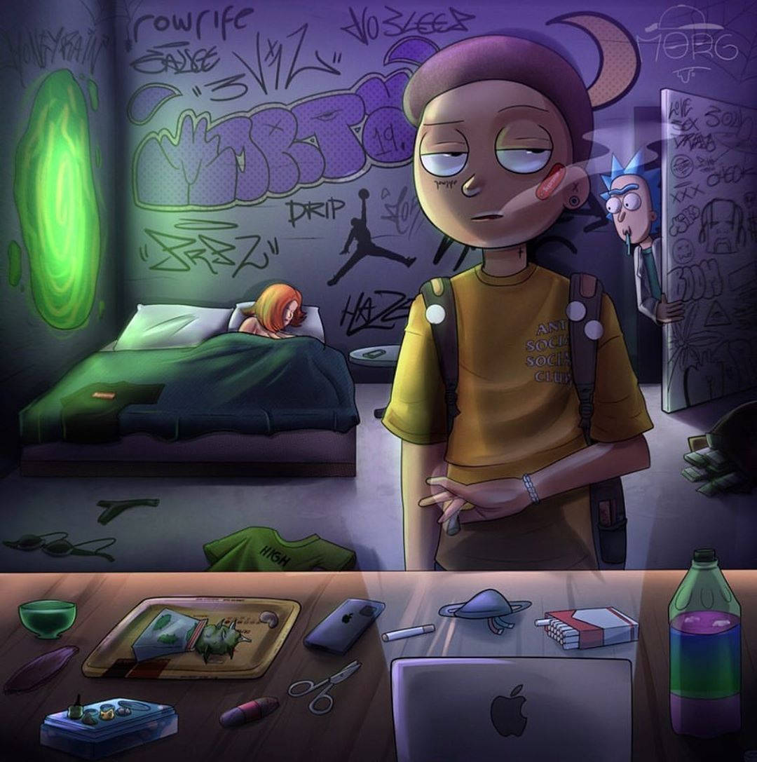 一個昏昏欲睡的青少年在凌亂的臥室裡，有塗鴉牆壁和一個發光的綠色傳送門。