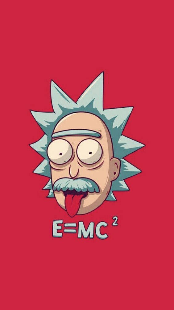 Rick Sanchez 卡通臉伸出舌頭，紅色背景上有 E=MC² 文字。
