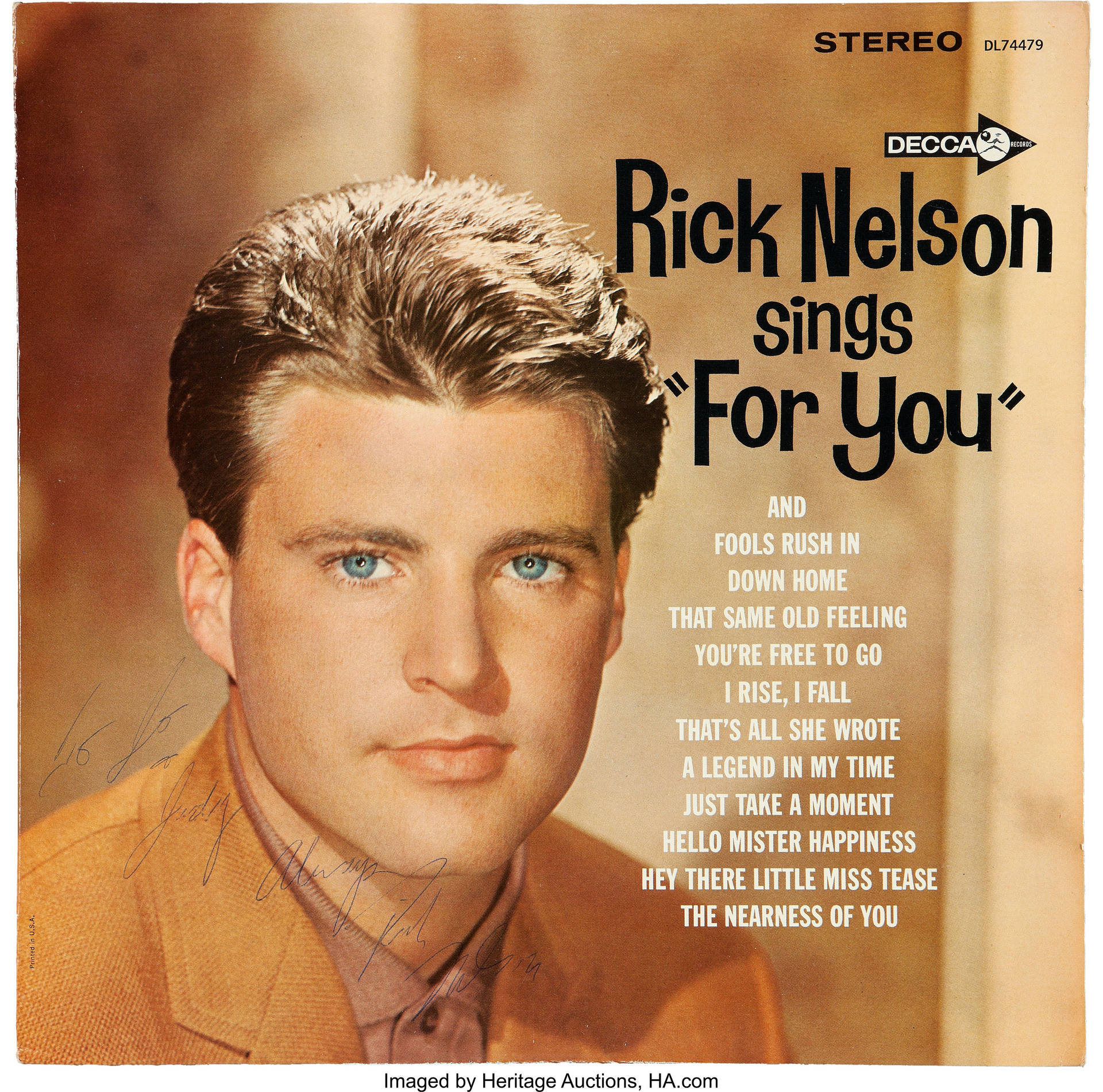 Rick Nelson專輯《For You》封面，附歌曲列表和簽名。
