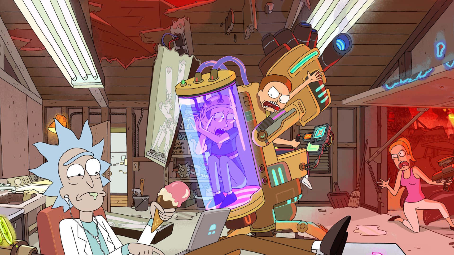 Jerry Smith 桌布 壁紙 — Rick Sanchez 冷靜地食雪糕，而 Morty 被綁在一個發光嘅紫色科幻裝置上，喺一個混亂又雜亂嘅實驗室入面。