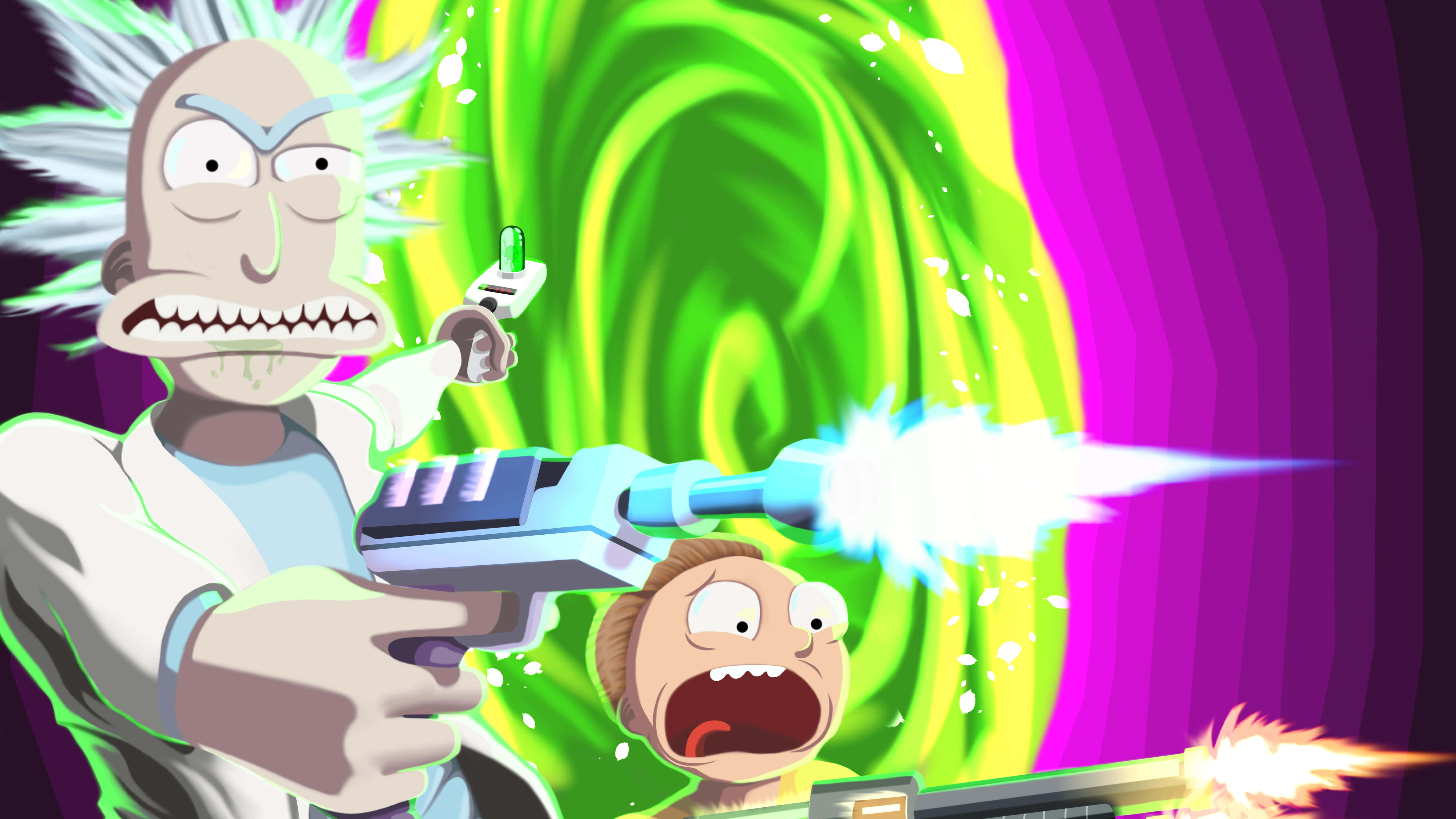 Morty Smith 桌布 壁紙 — Rick Sanchez 向 Morty Smith 發射發光武器，他們站在一個旋轉的綠色和紫色傳送門前。