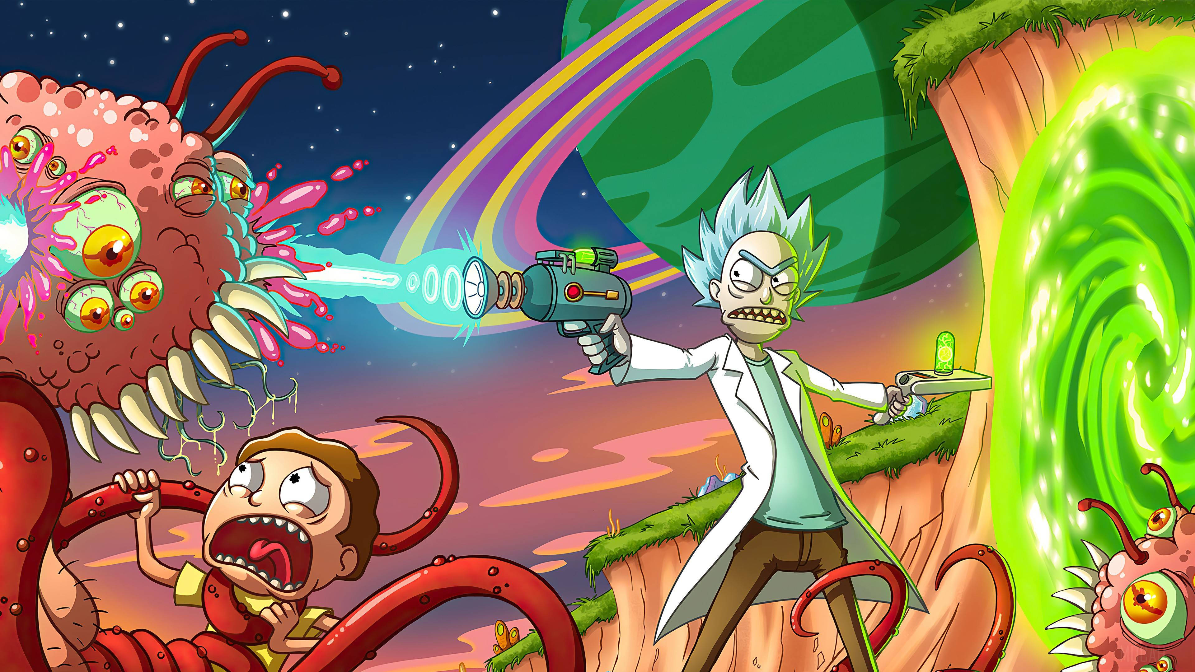 瑞克和莫蒂 桌布 壁紙 — Rick Sanchez 向一隻多眼外星生物發射激光槍，而 Morty 在超現實的宇宙景觀中驚恐尖叫。
