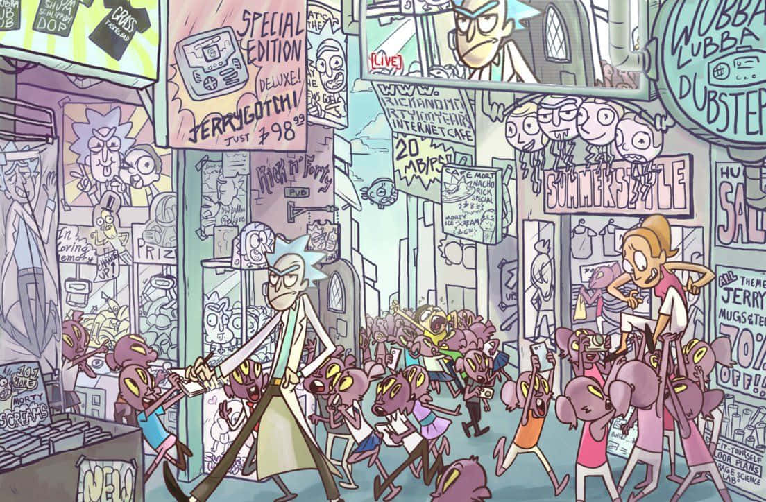 Total Rickall 桌布 壁紙 — Rick Sanchez 喺一條充滿粉絲同商品嘅繁忙卡通街道上行過，場景充滿活力同混亂嘅動畫感。