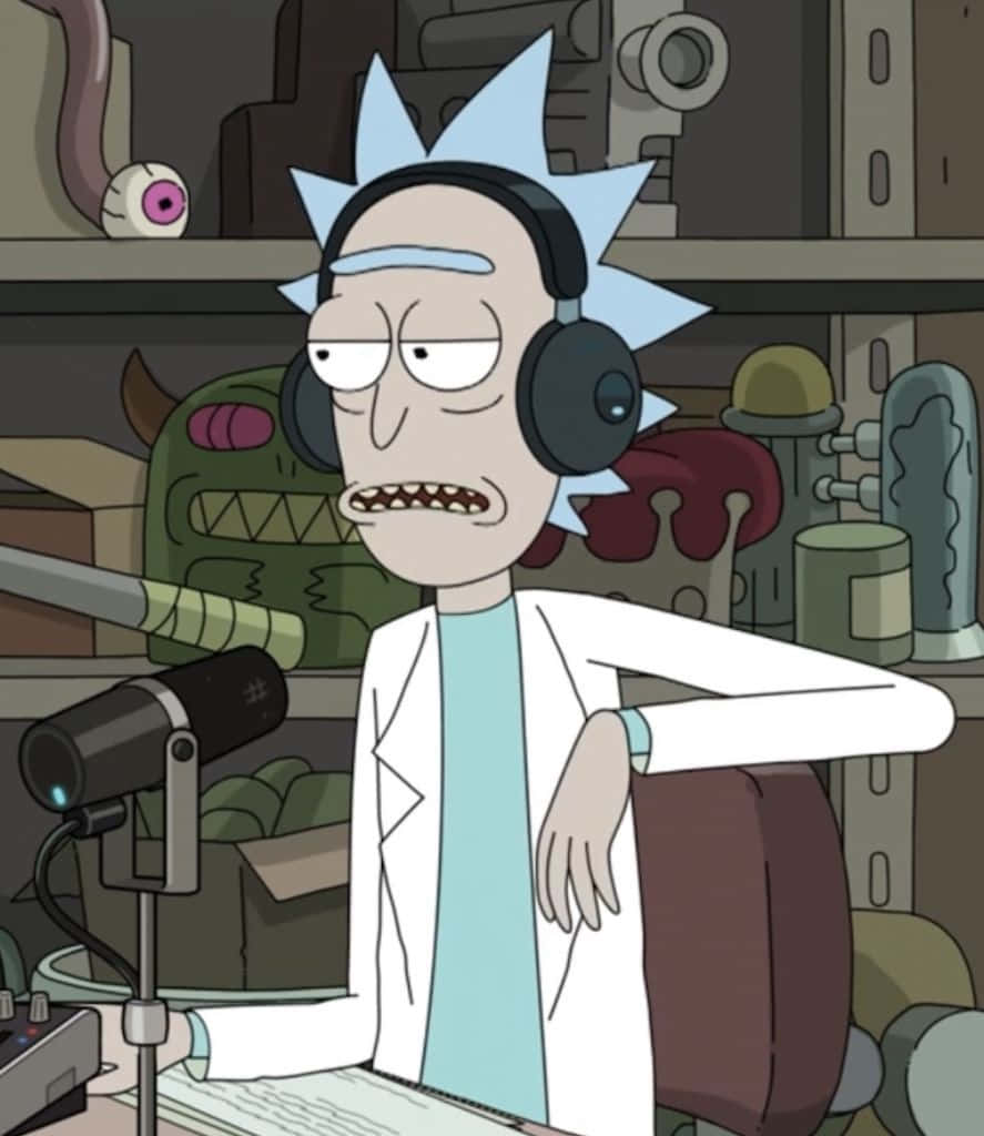 The Council Of Ricks 桌布 壁紙 — Rick Sanchez 喺佢亂糟糟嘅實驗室戴住耳機，一臉疲倦。