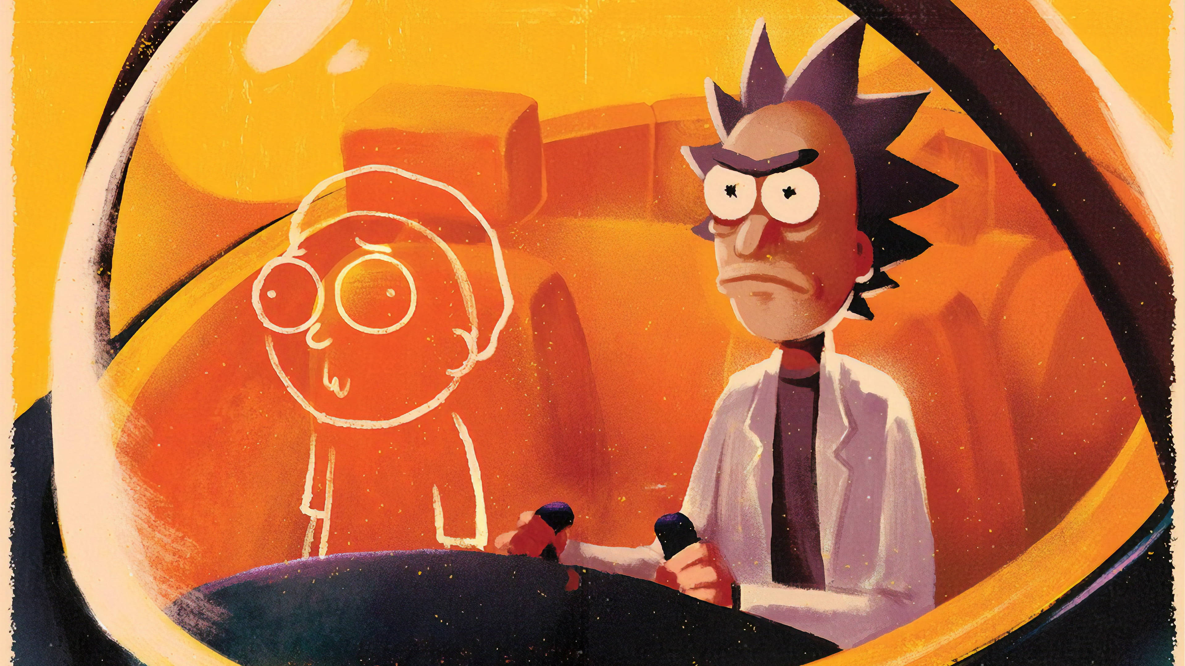 瑞克和莫蒂 桌布 壁紙 — Rick Sanchez 喺太空船駕駛艙入面，內部發出橙色光芒，旁邊有個草圖風格嘅 Morty。