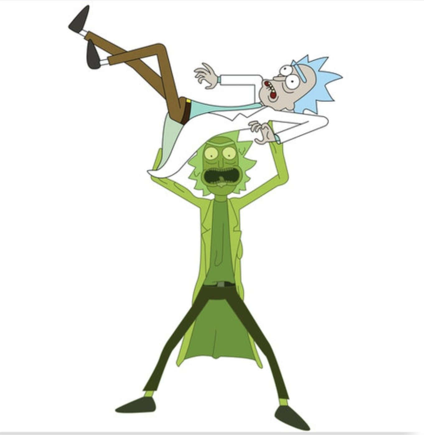 Total Rickall 桌布 壁紙 — Rick Sanchez 將 Morty Smith 高高舉起，表情滑稽，背景為純白色。