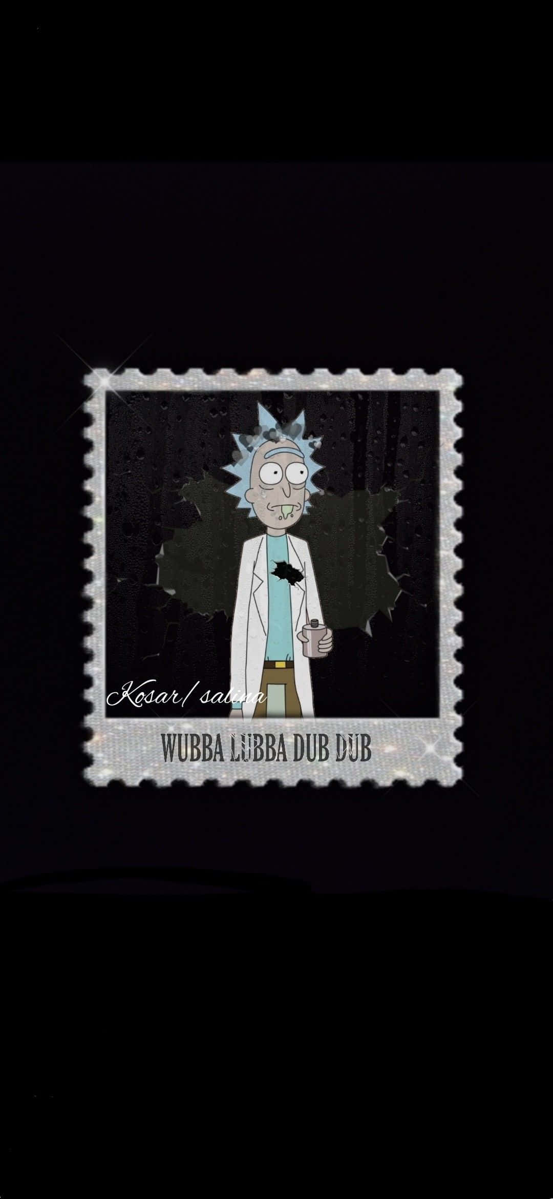 Wubba Lubba Dub Dub 桌布 壁紙 — Rick Sanchez 從《Rick and Morty》被描繪成郵票，在深色背景上拿著飲料。