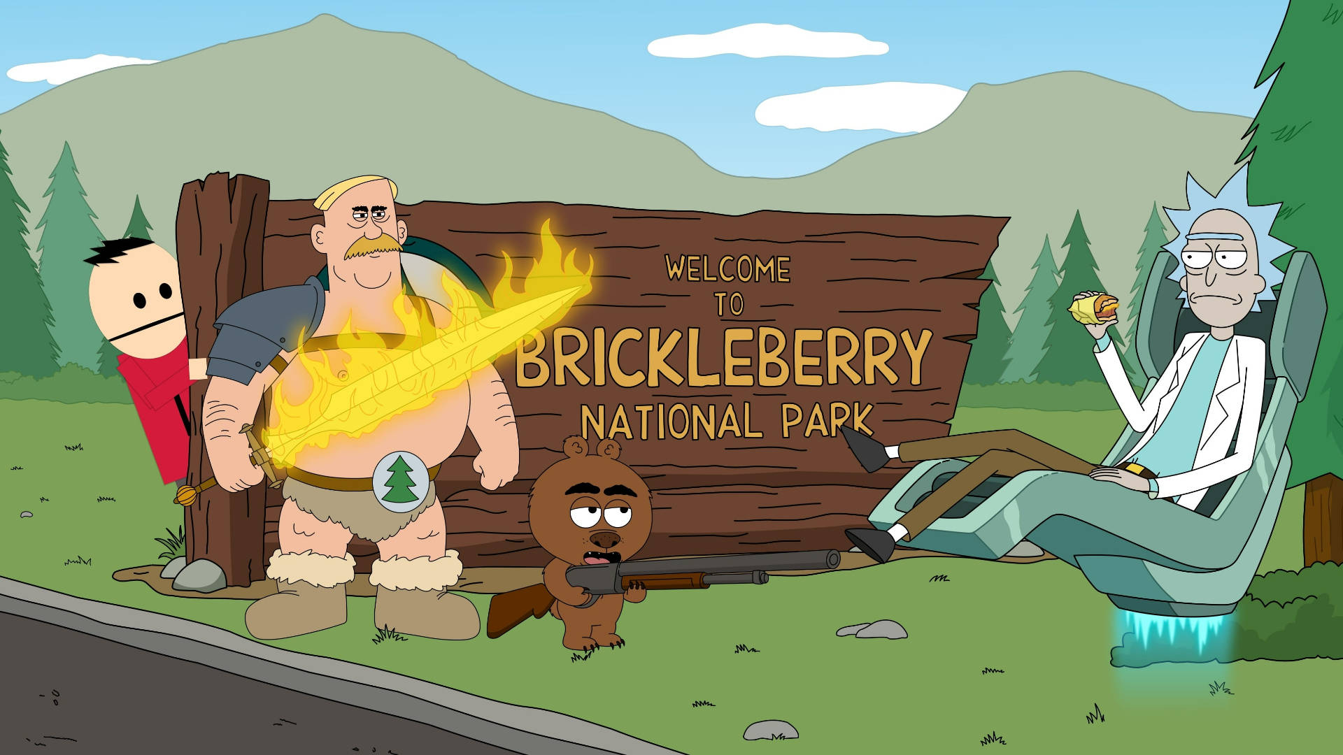 Brickleberry x Rick and Morty 壁紙 — Rick Sanchez 懶洋洋地坐在椅子上，而一個肌肉發達的戰士在 Brickleberry 國家公園標誌處揮舞著一把火焰劍。