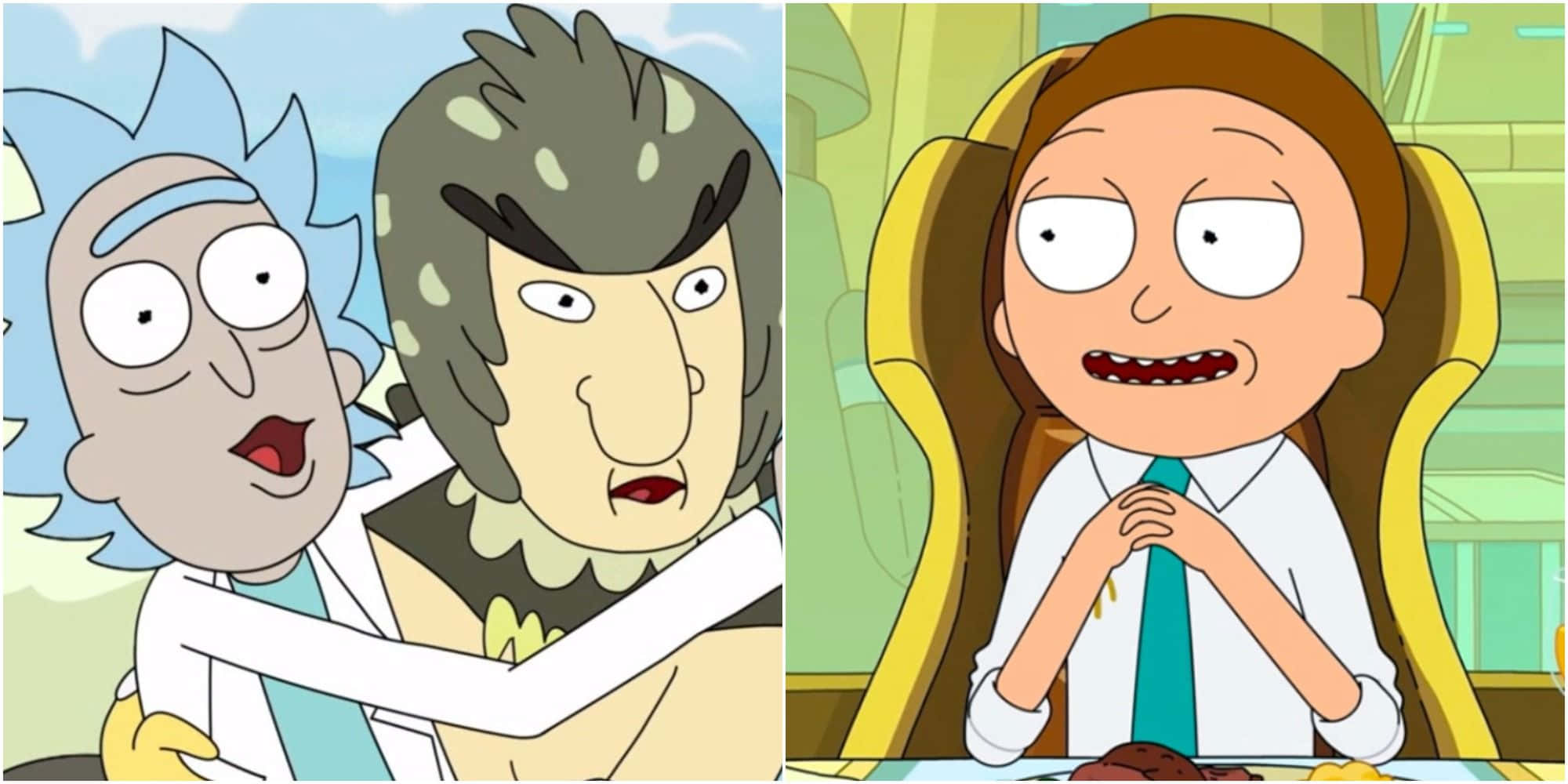 Birdperson 桌布 壁紙 — Rick Sanchez 擁抱一個綠色皮膚的外星人，而 Morty Smith 緊張地在桌子上吃東西。