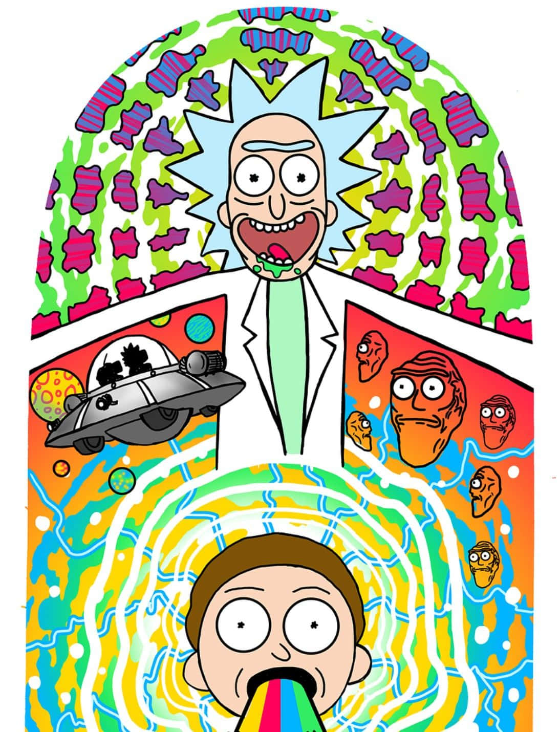 The Cromulons 桌布 壁紙 — Rick Sanchez 狂笑著，口中噴出彩虹黏液，而 Morty 在下方嘔吐，形成一幅迷幻混亂的卡通場景。