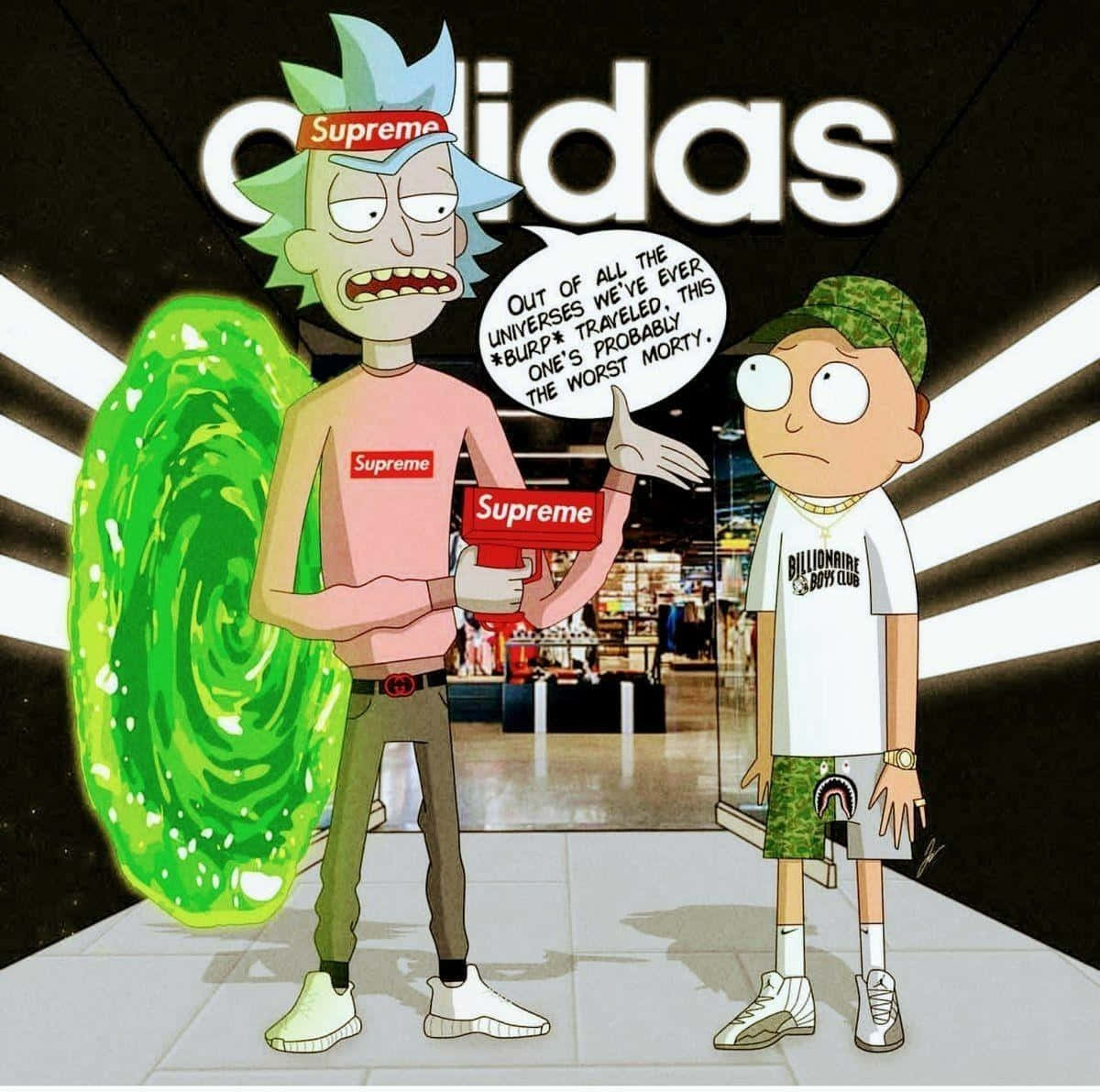 Rick Sanchez 和 Morty 在運動鞋店，Rick 身後有一個綠色傳送門。 — Adidas GIF 壁紙